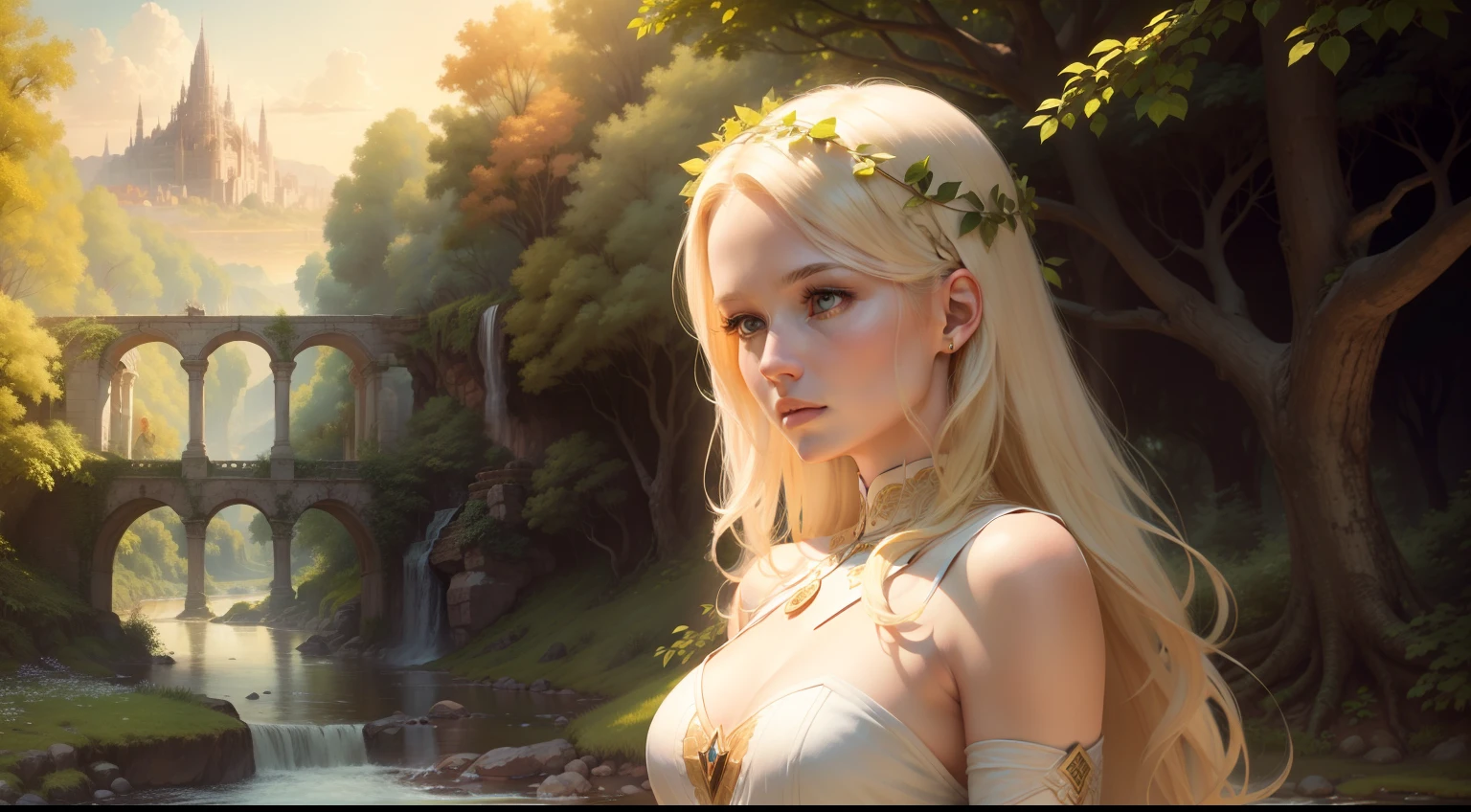 Unity 8K wallpaper, Extremely detailed, (Soft colors:1.3), The background is a black fantasy deep forest, beautiful and aesthetic, 1 girl,Delicate facial features, long blond hair blowing in the wind, Sparse eyebrows, Sharp blue eyes, a smile on her lips, Medium sized breasts, Wearing a white dress, The spotlight is only on the characters, body shoot, hands, Detailed face,Detailed eyes,Detailed mouth,Detailed nose,