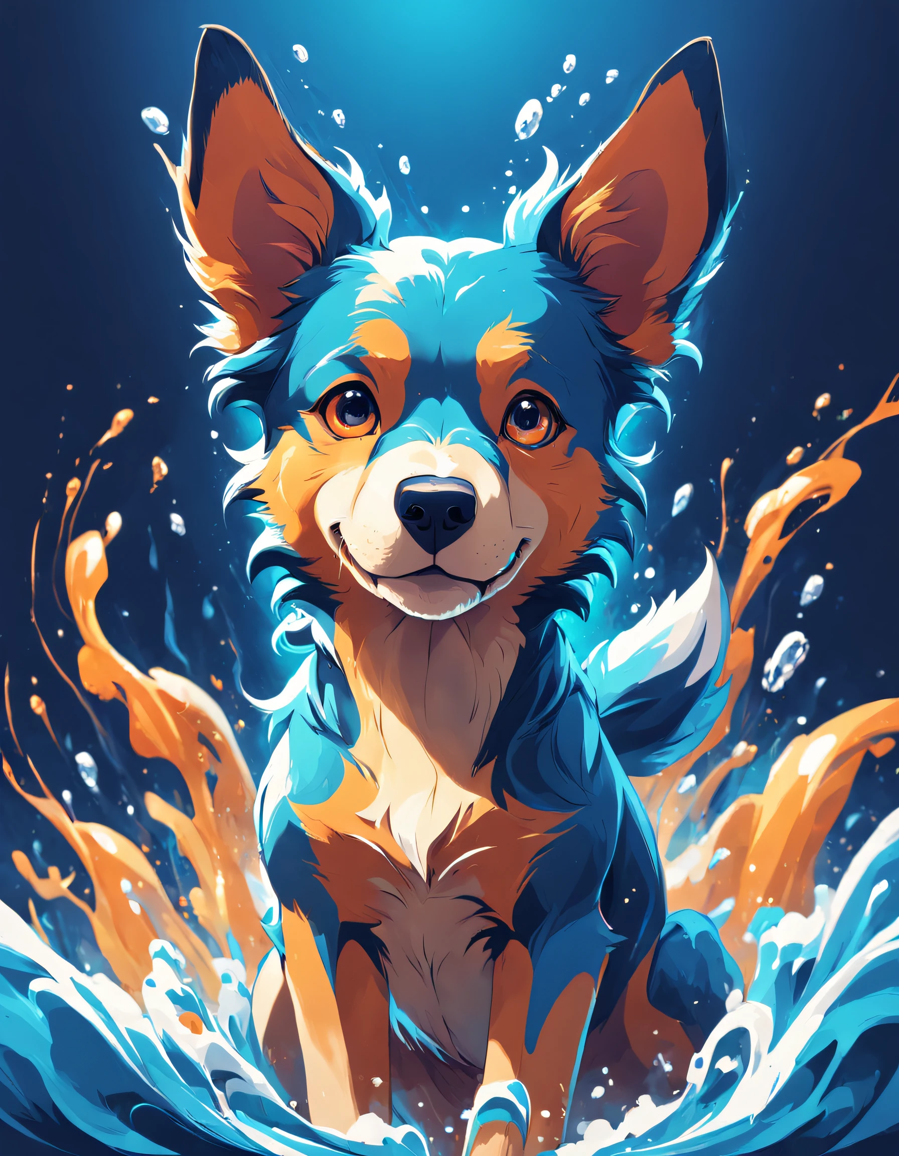 An emblematic logo of an dog of vibrant colors, water elements, simple design, vector art, minimal