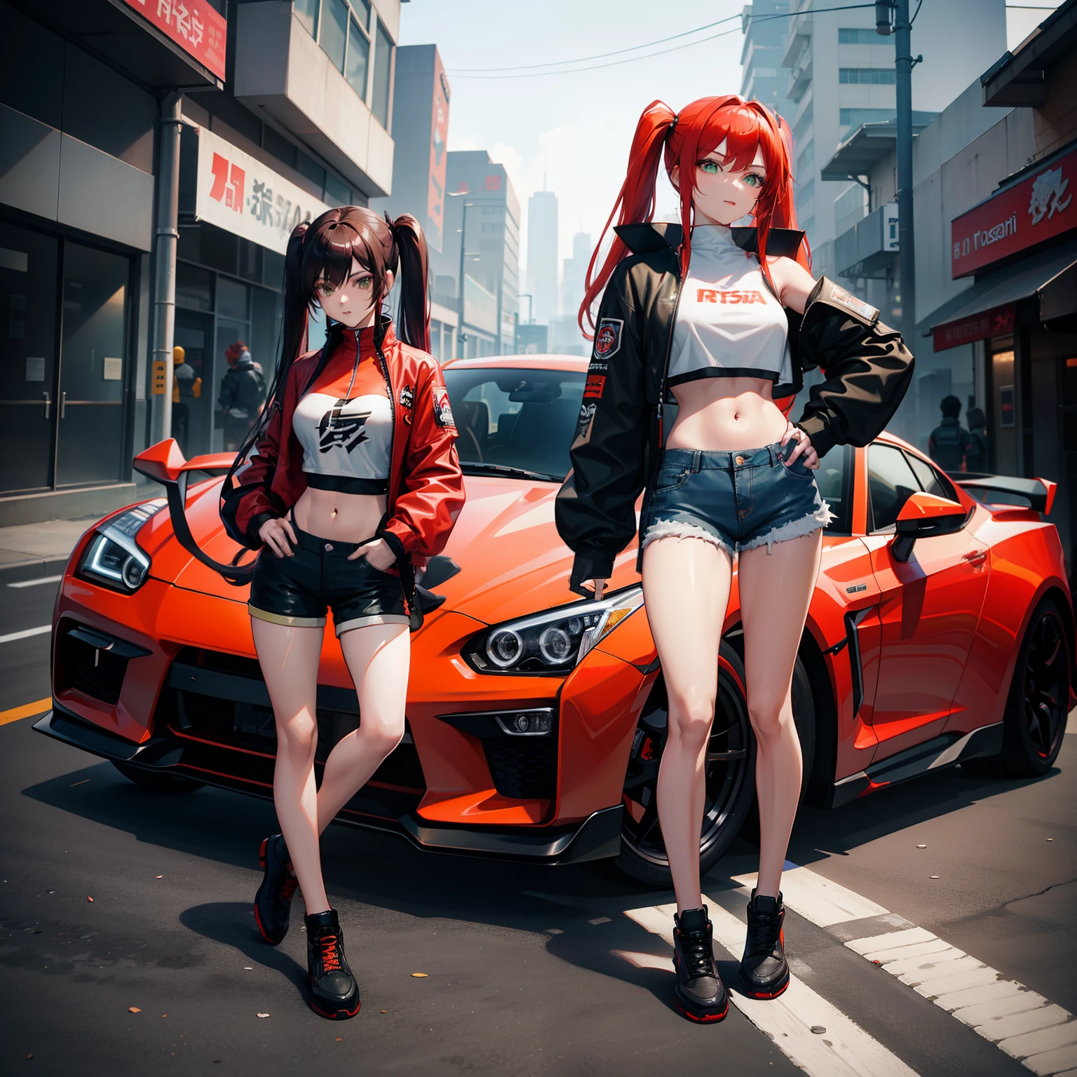 Full body shot, female asian Irina Shidou red hair twintails green eyes, standing next to a Nissan GT-R in a cyberpunk city, wearing a bomber jacket and crop top and denim shorts, standing next to a Nissan GT-R, side shot, back shot, shot from backside, behind shot, masterpiece, highly detailed