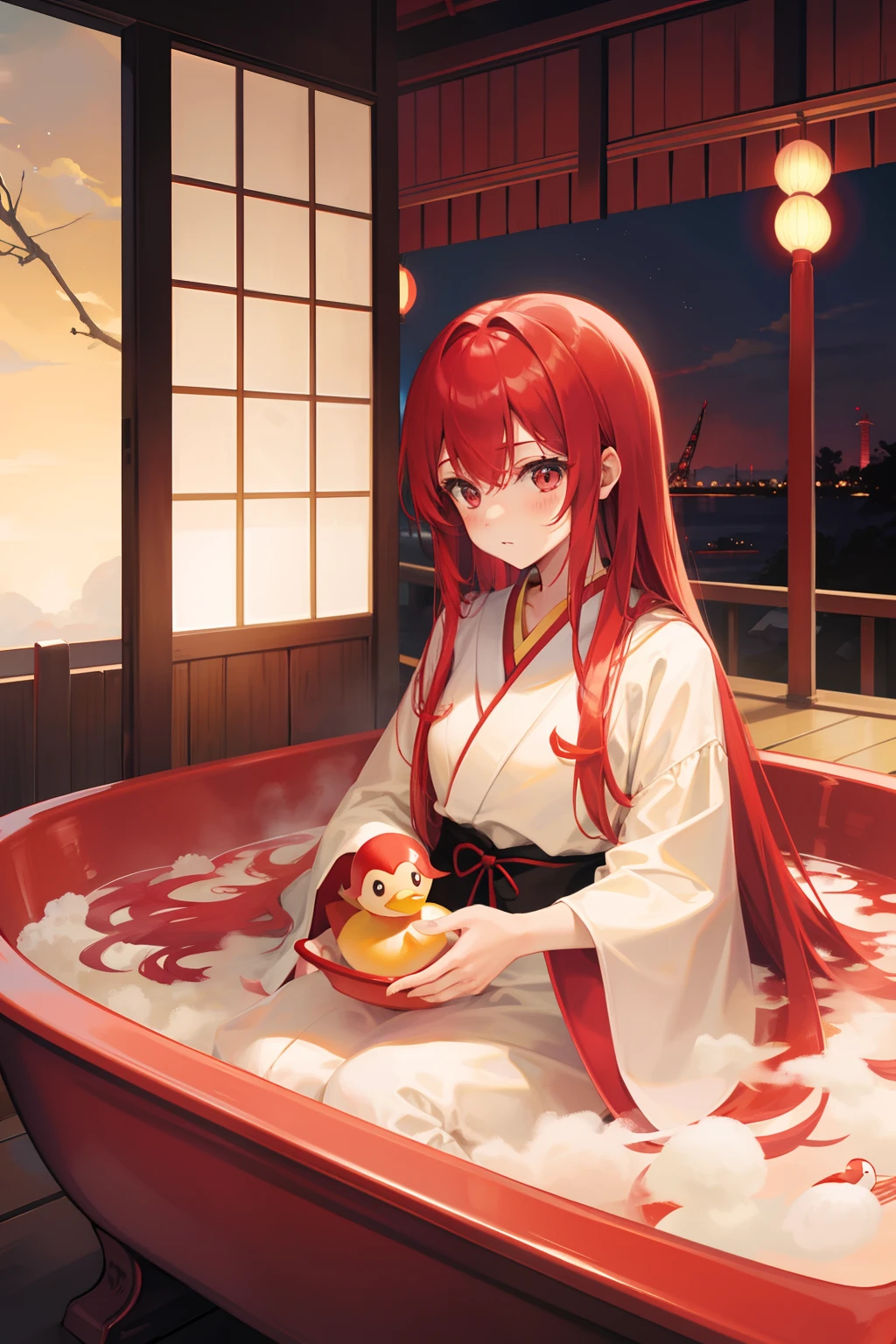 Red Long Hair Japanese Red and White Witch Costume Bathtub Little Yellow Duck Toy Gaze Natural Stay Western Hotel Hair Drops Japanese Sky Tree Night