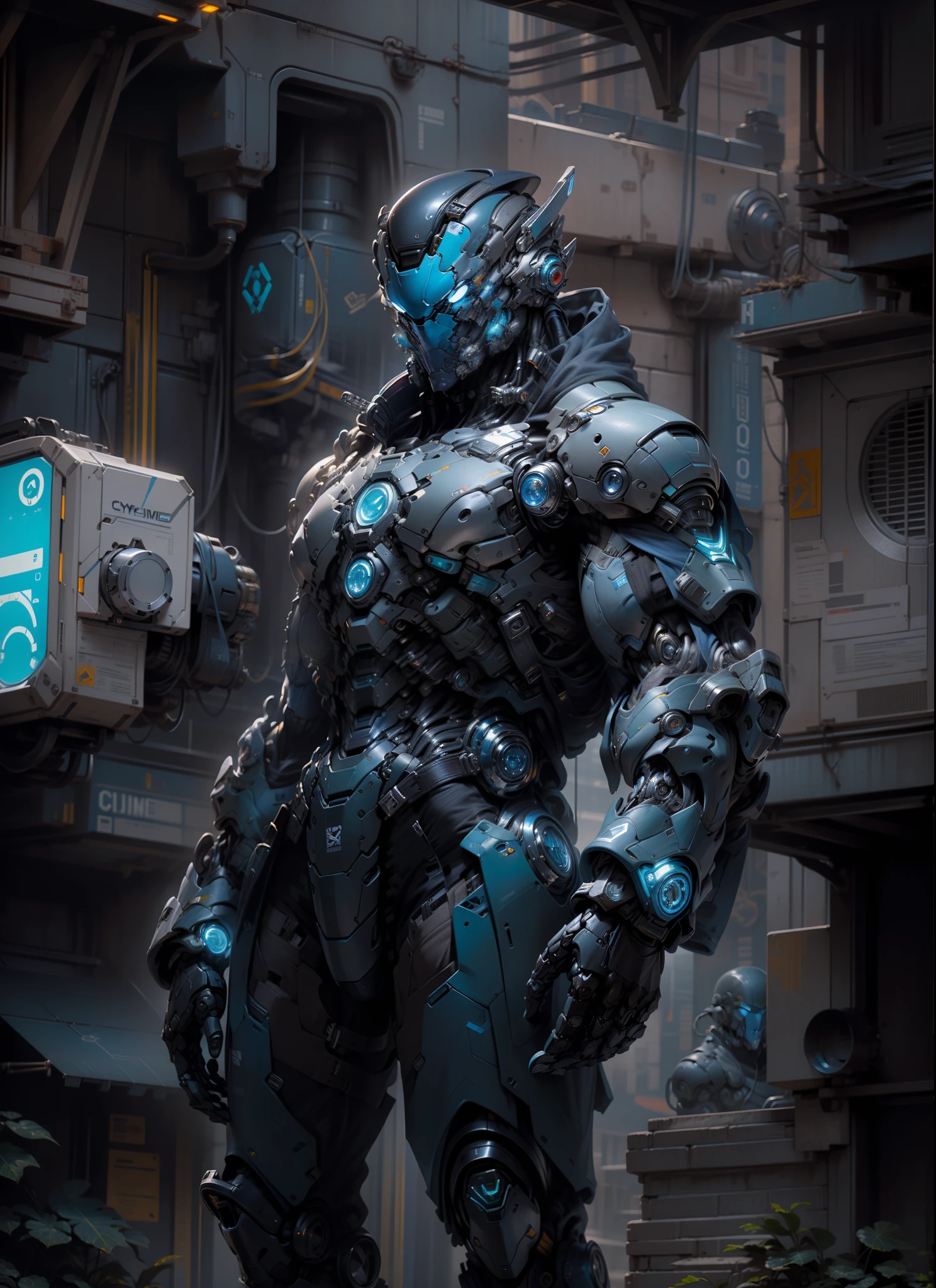 plano de corpo inteiro, ((A futuristic-looking blue chrome cyborg man)) with a fantastic ((square cyberhelmet head with blue lights)), Vestido com um (((Techwear preto e azul))), humanoid robot, ((Tactical Gloves Iron Grey)), mechanical neck, UHD, anatomicamente correto, best quality, master part