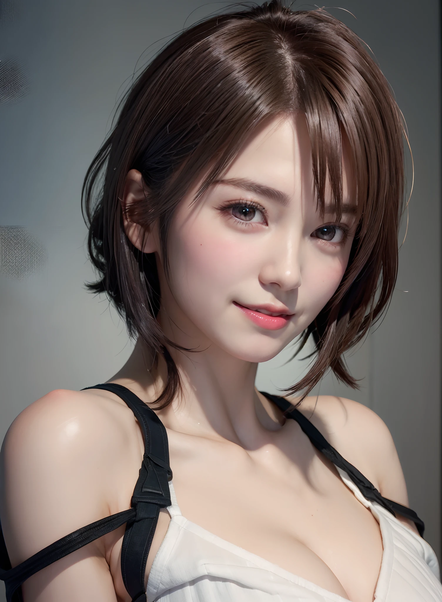 Best Quality, Ultra High Resolution, (Photorealistic: 1.4), Beautiful Eyes, Super Beautiful, Very Short Hair, Beautiful, Sweetheart, T-shirt with Rough Chest, Beautiful Soldier, Eyes That Invite Viewer, Lover's Perspective, Inviting Expression, Sexy Smile, Perfect Style, Perfect Balance, Detailed Skin, Naughty Gaze, Chest Visible
