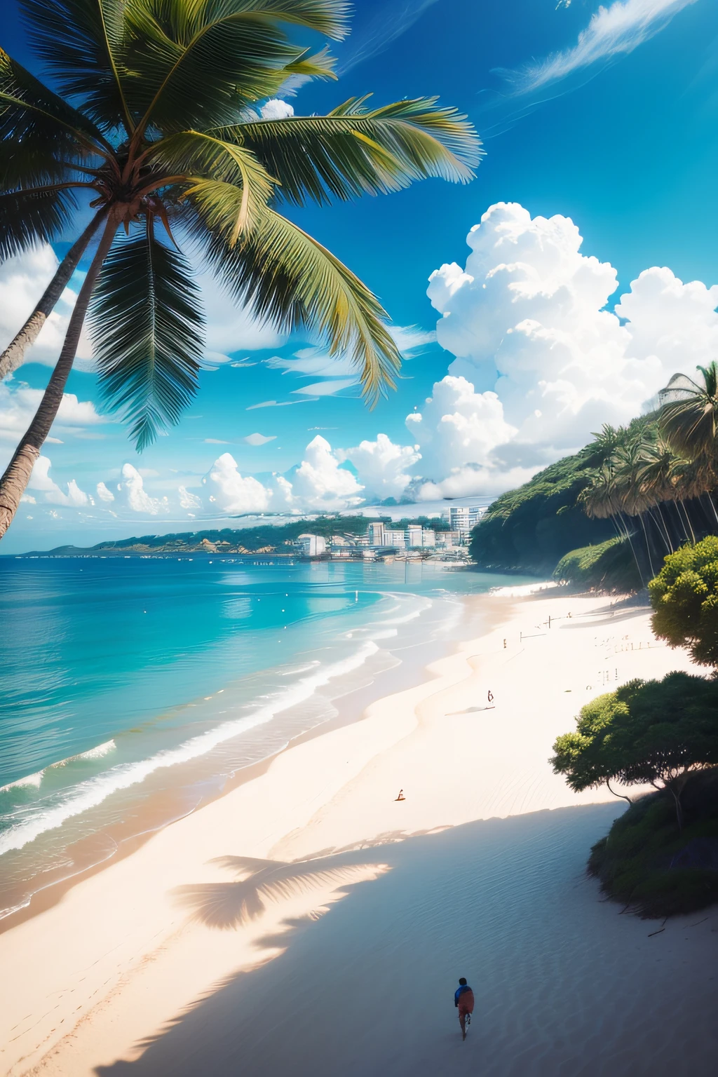 gere uma imagem de um vilarejo com uma paisagem ou fundo feito de uma praia uma palmeiras
