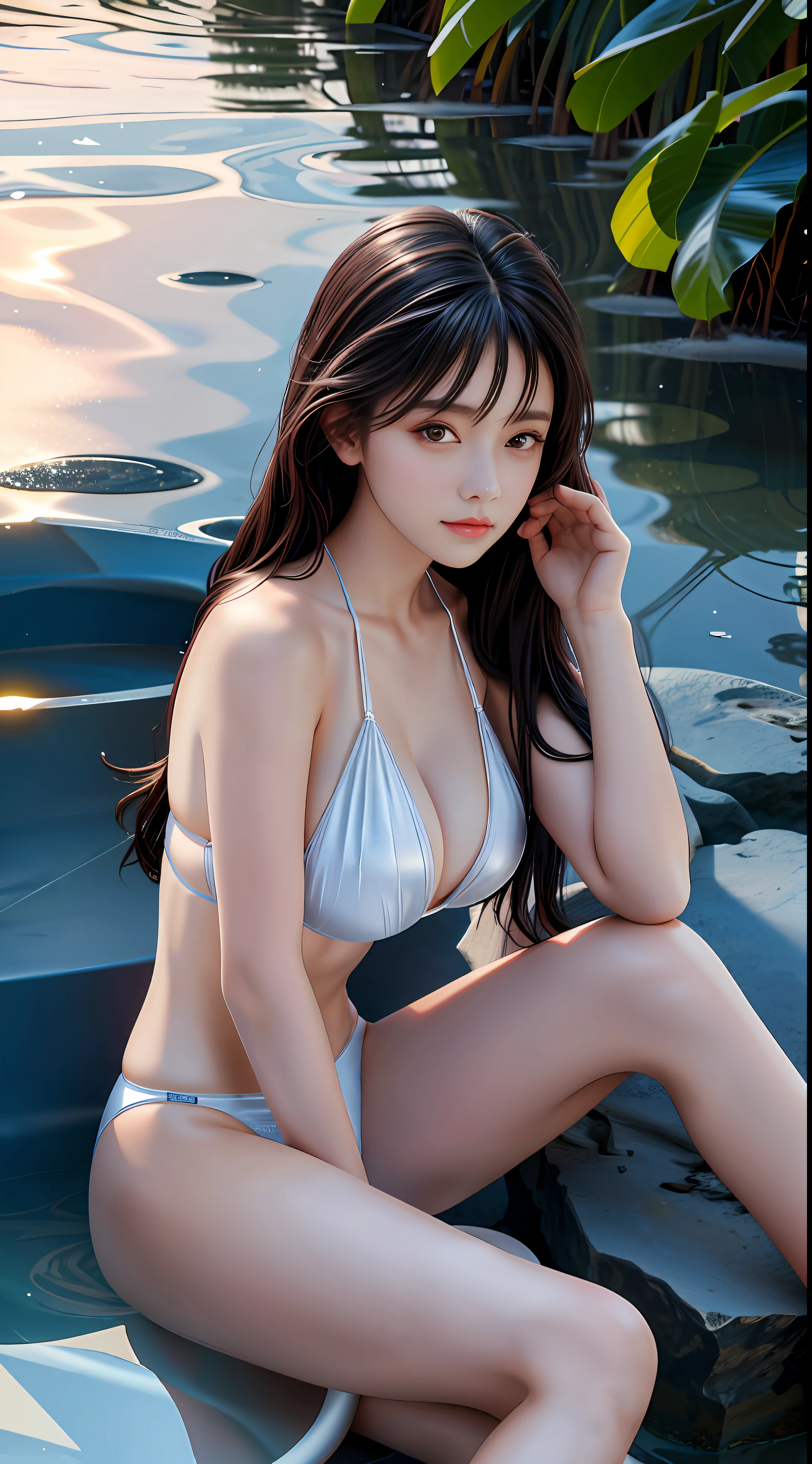 best qualtiy, tmasterpiece, 1girll, beauitful face, (photograph realistic:1.3), edge lit, (highdetailskin:1.2), 8K UHD, digital SLR camera, high high quality, A high resolution, 4k, 8k, bokeh, absurderes, Optimal proportions of four fingers and one thumb, (realisticlying:1.3), Cute 1girl, mediuml breasts, white swimwear