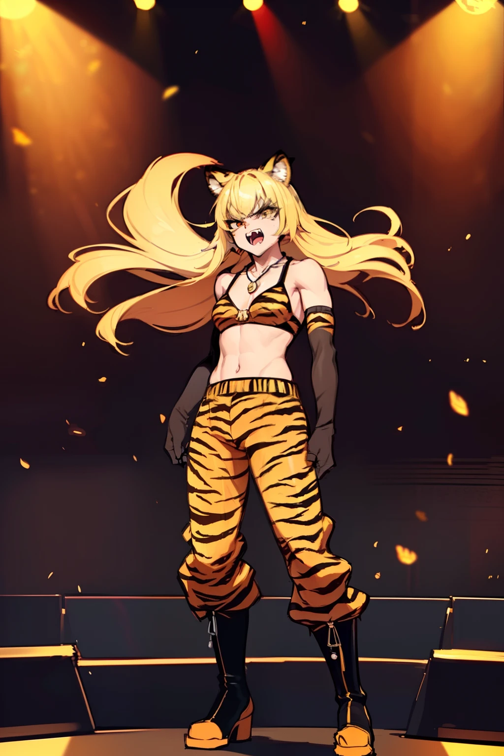 20yo, 1girl, solo, (angry:1.2), small chest, (muscular:1.2), (fangs:1.2), (blonde long hair, tiger print bang:1.2), (tiger ears, locket necklace, triangle locket, black sport bra, tiger print long pant, tiger print elbow gloves, black knee boot:1.2), on stage, stadium in background, dynamic light, paw pose,