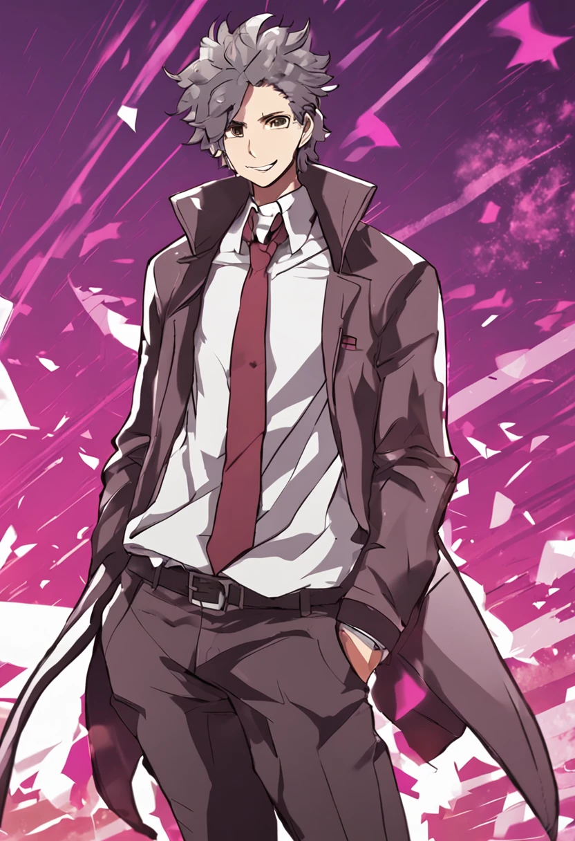 Danganronpa,male,suite,violet hair,brown eyes,Protag Hair,long pants'smile