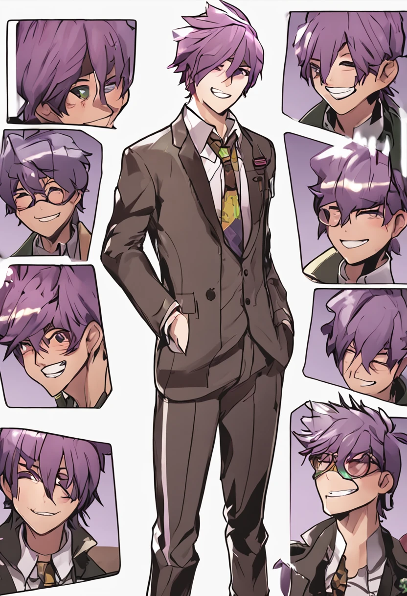 Danganronpa,male,suite,violet hair,brown eyes,Protag Hair,long pants'smile