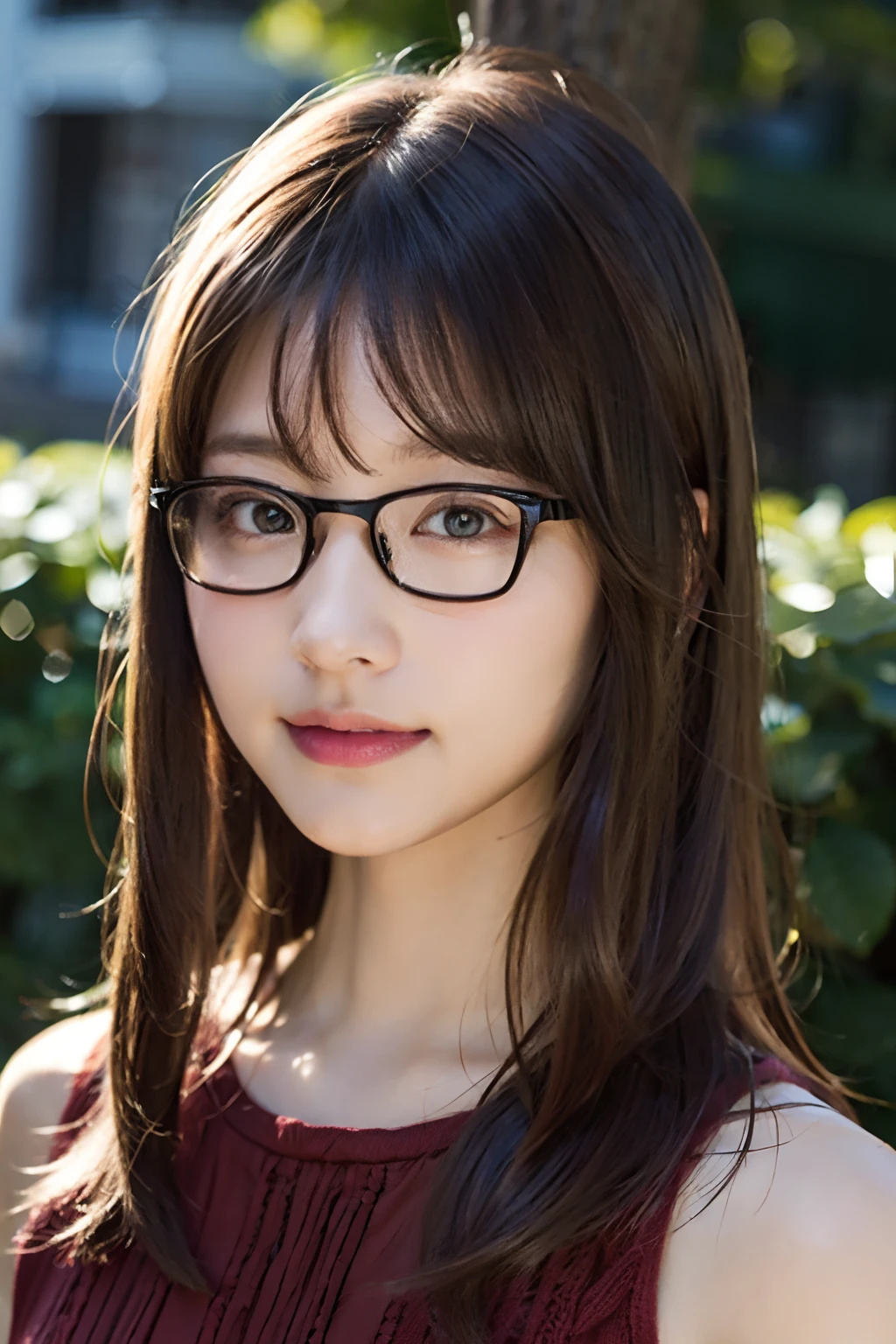 (8K、Raw photography、top-quality、​masterpiece:1.2)、(realisitic、Photorealsitic:1.37)、ultra-detailliert、超A high resolution、女の子1人、see the beholder、beautifull detailed face、A big smile、Constriction、(Slim waist) :1.3)、red clothing、Beautiful detailed skin、Skin Texture、Floating hair、Professional Lighting、countryside view、Square glasses with black rimming   、Whole human body、Brown hair