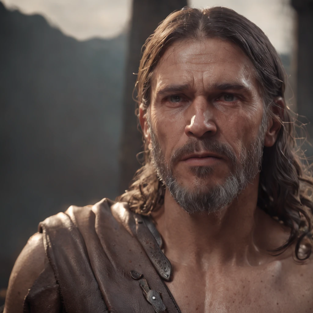 (Professional 3D rendering:1.3) de (Realistic:1.3) Foto de arte mais bonita do mundo，Features soft, bright male heroes, ((Epic hero fantasy rough muscular man wet hero angry look long hair short beard and fierce expression in dynamic pose, fantastic location, majestoso ambiente desordenado)), corpo inteiro 8k unidade render, action shot, poros da pele, very dark lighting, sombreamento pesado, circunstanciado, Rosto detalhado, (vibrante, fotogrdeia realista, Realistic, Dramatic, Escuro, foco nítido, 8k), (Old leather clothes damaged by bad weather:1.4), ((((Use peles)))), (intrincado:1.4), decadente, (altamente detalhado:1.4), pintura digital, rendering by octane, art stations, Conceito-Arte, liso, foco nítido, illustration, germe da arte, (Loish:0.23), Wlop Ilya Kuvshinov, e Greg Rutkowski e Alphonse Mucha Gracias, (global ilumination, studiolight, Light Volumetric), chuva forte, floating particles, patife, fantasia, Onze, corpo inteiroesbian, ((Fundo escuro e antigo da cidade:1.3)),CGSesociedade,art stations