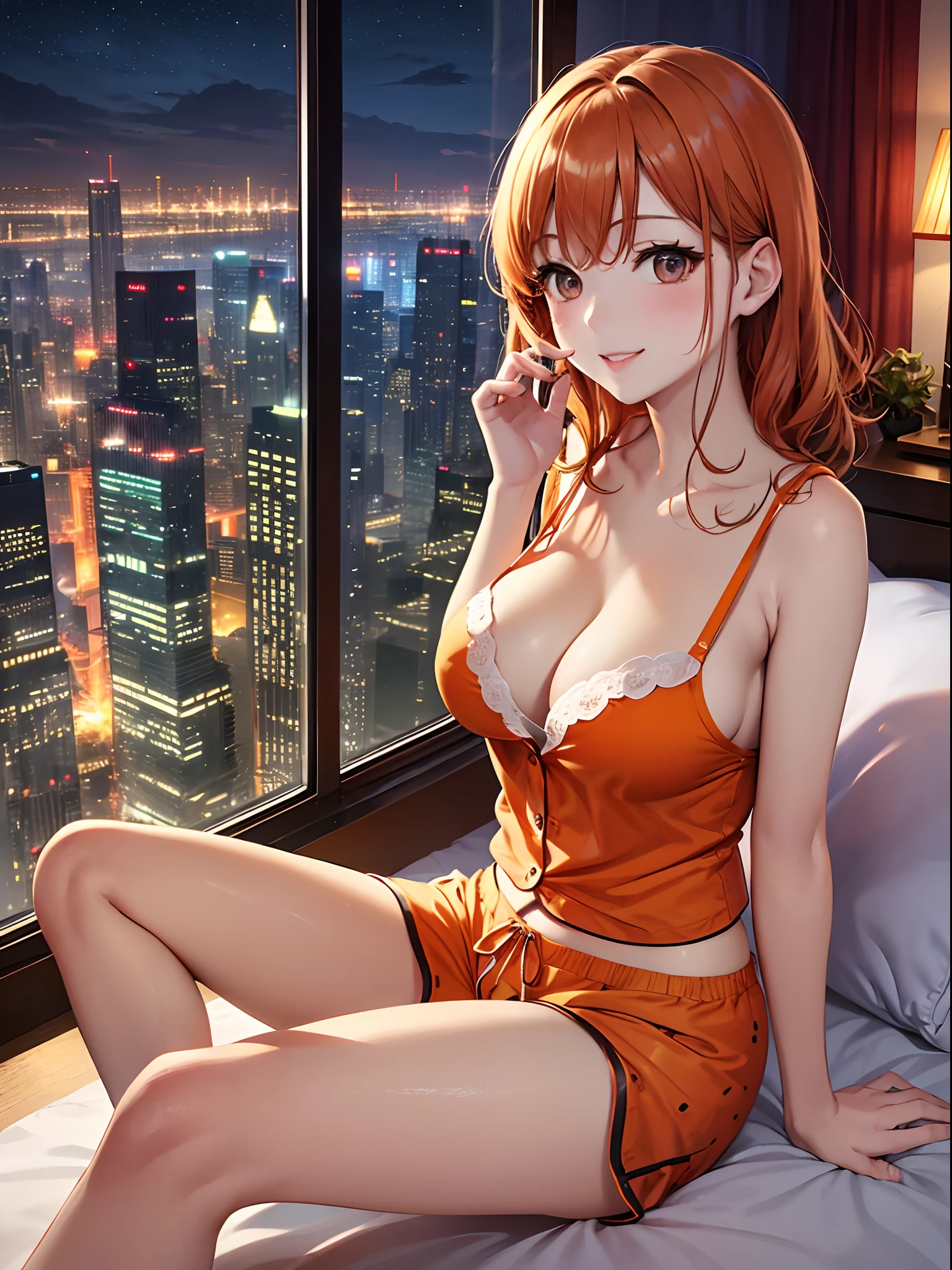 masutepiece、Best Quality、Illustration、 ultra-detailliert、hight resolution、8K Wallpapers、Perfect dynamic composition,、Beautiful detailed eyes、pajamas、(orange color camisole:1.3)、(Orange pajama shorts:1.3)、(Raw feet:1.3)、Medium Hair、(Beautiful Large Breasts:1.3)、Natural Color Lip、Bold sexy poses、Smile、Harajuku、20 years girl、Cute、Beautiful sister、Sexy shot looking at camera、60th floor of a tower apartment、Luxurious bedroom、You can see the night view from the window、nighttime scene、Sit with your legs open in the middle of a large plush bed