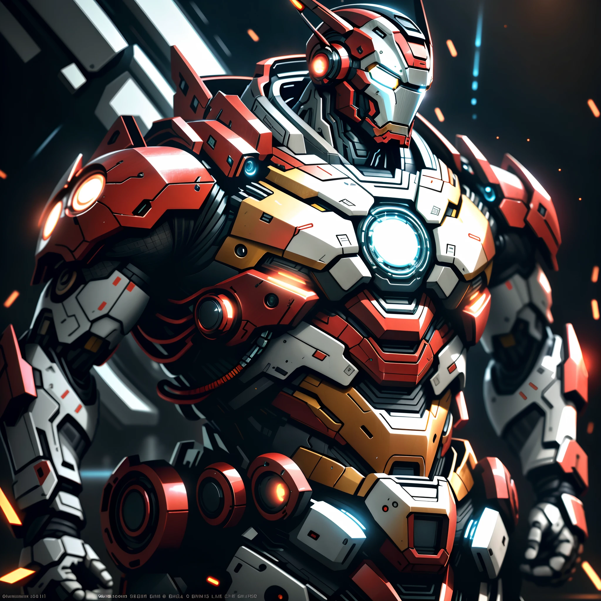 "Realistic, Elegante, and cybernetics, the Ironman with a galactic mask shines brightly in its bioluminescent glow. It combines the futuristic elements of a mecha and the elegance of a samurai (com um peso de 1.2). As runas vermelhas brilhantes adornam seu corpo, Creating a cinematic effect against a dark backlit background. High contrast adds depth and intensity to the composition."