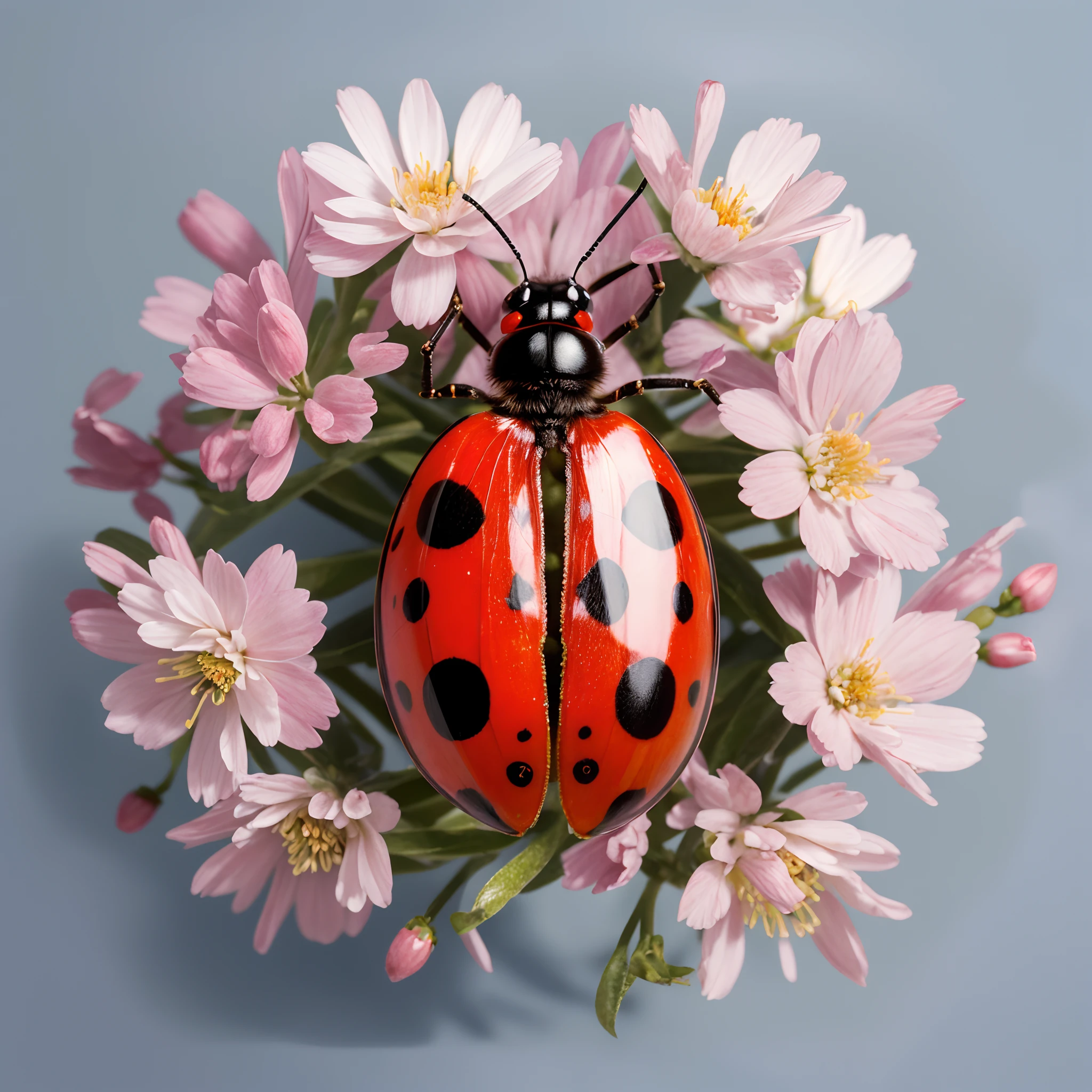 "(masterpiece, best quality, hyper realistic) Image of a multicolored ladybug with various spots on little flowers, top down view, plain background."