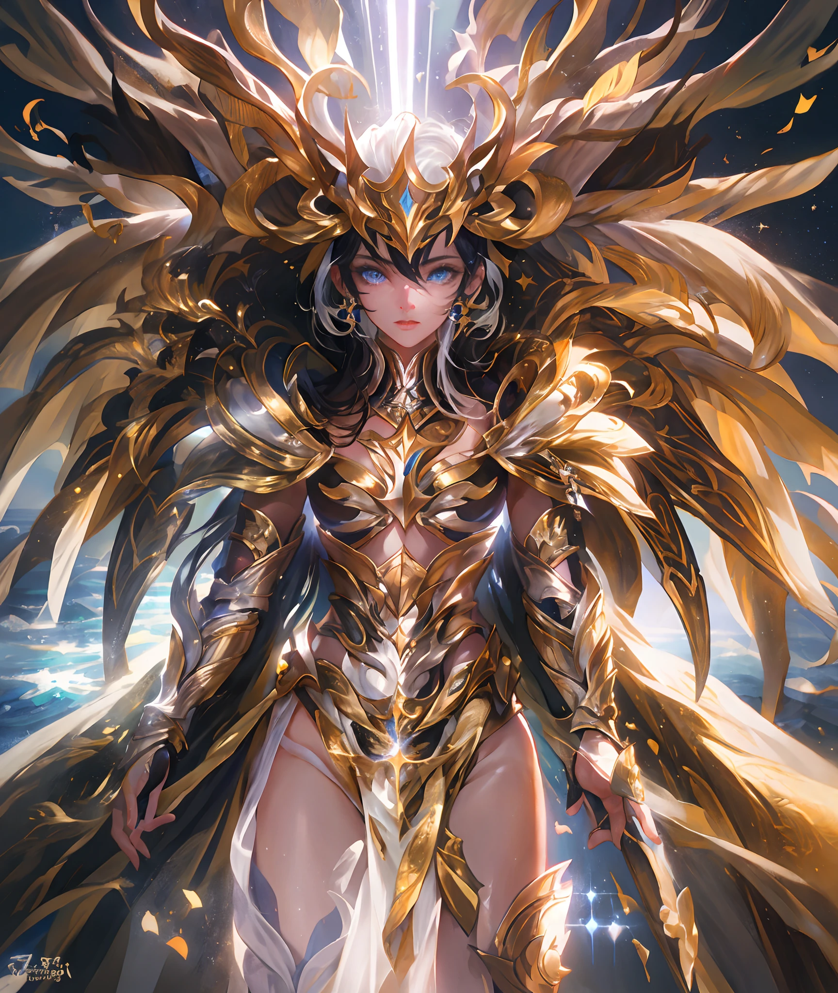 Ultra-high saturation，（tmasterpiece）， fully body photo，（best qualtiy）， （1girll）， starryskybackground，Wearing shiny gold armor， Sexy lingerie type armor，Expose your chest，Expose the waistline，Exposing thighs，cool-pose， Saint Seiya Armor， messy  hair，high detal, Anime style, Cinematic lighting, Sparkle, god light, Ray traching, filmgrain, hyper HD, textureskin, super detailing, Anatomical correct, A high resolution，Ultra-high saturation，hight contrast，High-gloss armor，Smooth skin，Serious expressions,Dark room,