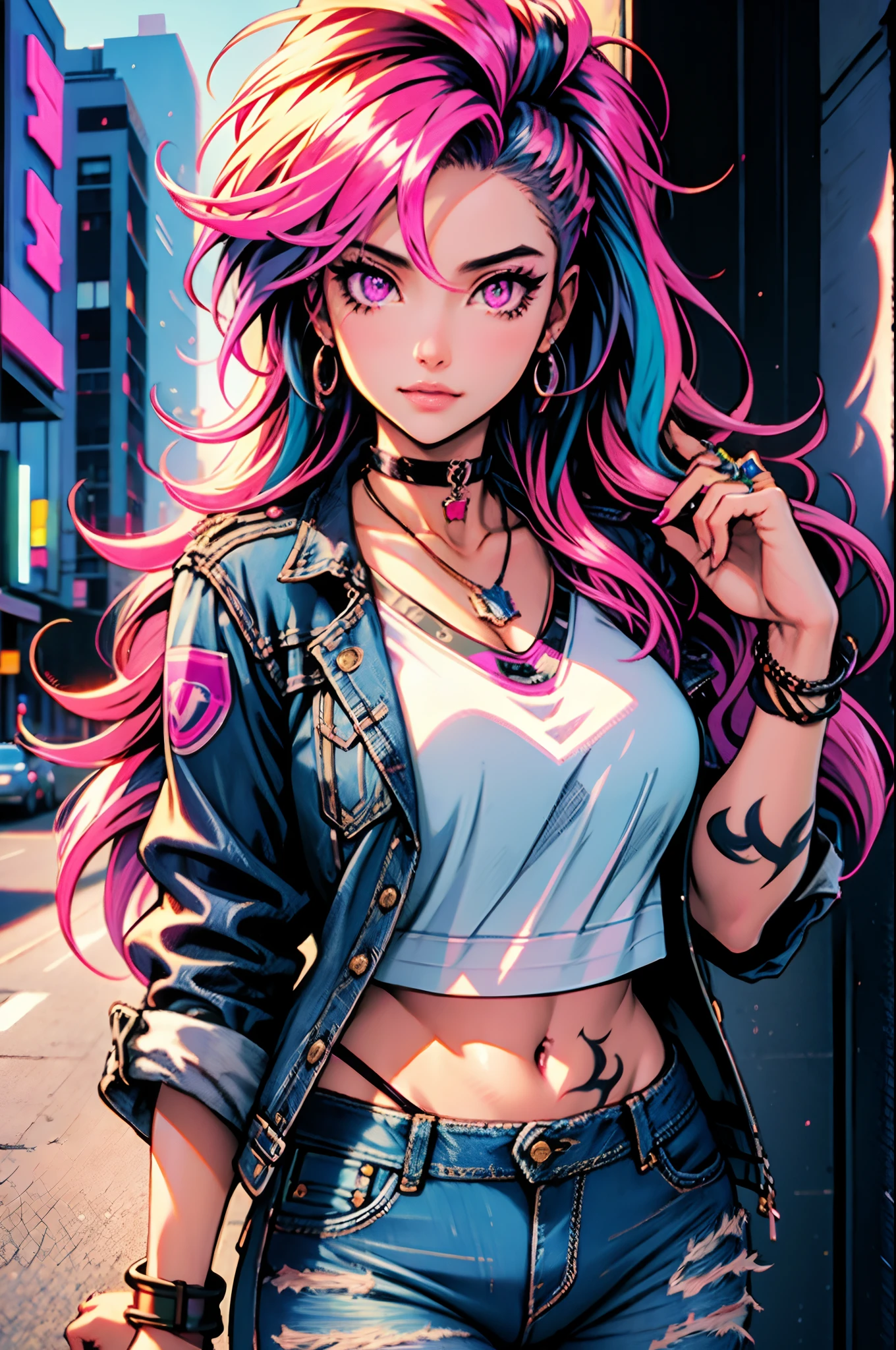 (masterpiece, best illustration, extreme light and shadow), 1girl, solo, colorful hair, pink eyes, tattoos, long hair, jacket, denim jeans, jewelry, choker, wristband, depth of field, vaporwave, citypunk