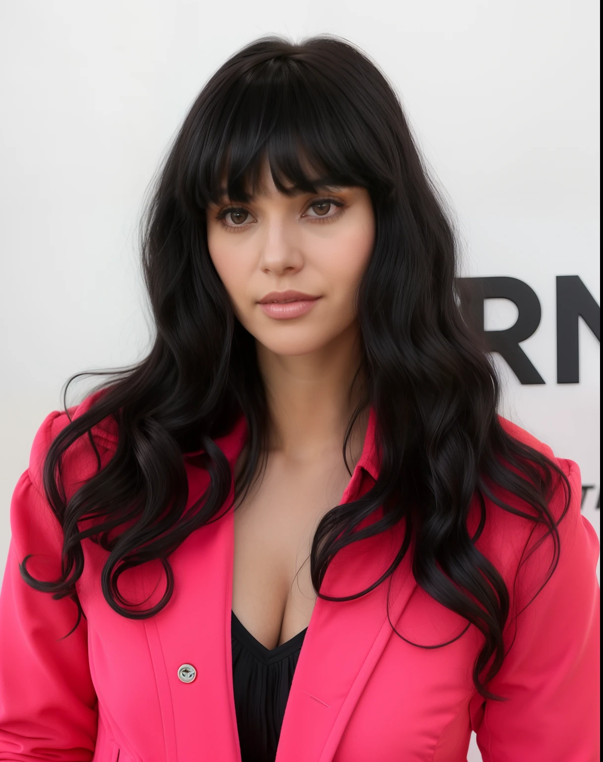 a close up of a woman in a pink jacket and black top, black wavy hair with bangs, long black hair with bangs, she has black hair with bangs, with full bangs, long hair with full bangs, with a fringe, long dark hair with bangs, with a dark fringe, her black hair is a long curly, with bangs, full bangs