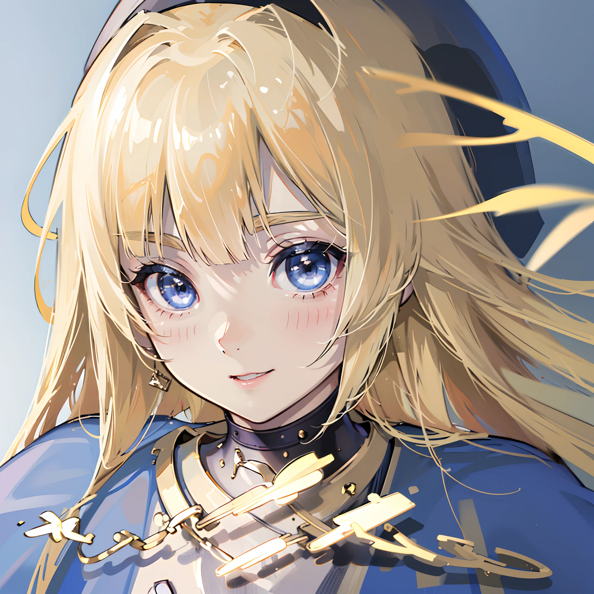 ((top-quality)), ((masterpiece)), ((ultra-detailliert)),(8k wallpaper:1.2),(Ultra-high resolution:1.2),(masterpiece:1.1),wallpaper,High quality,(High detail),(absurdres, highres, ultra detailed),( best quality:1.2),close up shot, portrait photo,1girl,pale skin,blue eyes,gold eyelashes,golden hair,white background, smiling, wearing royalty uniform, absolutely stunning art, extremely detailed, highest quality digital art, highest resolution, HD quality, wallpaper 8k