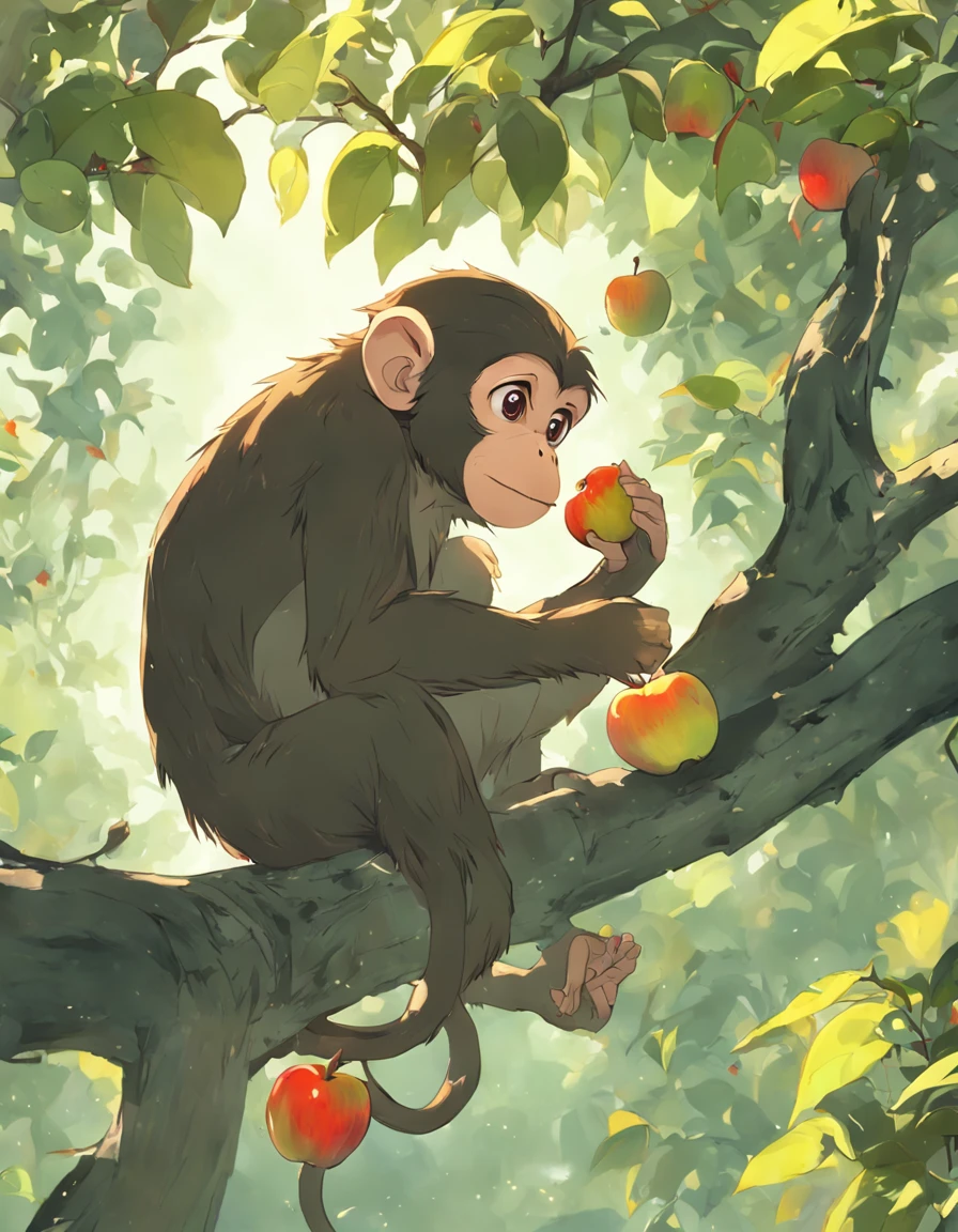 Little monkey eating apples in a tree