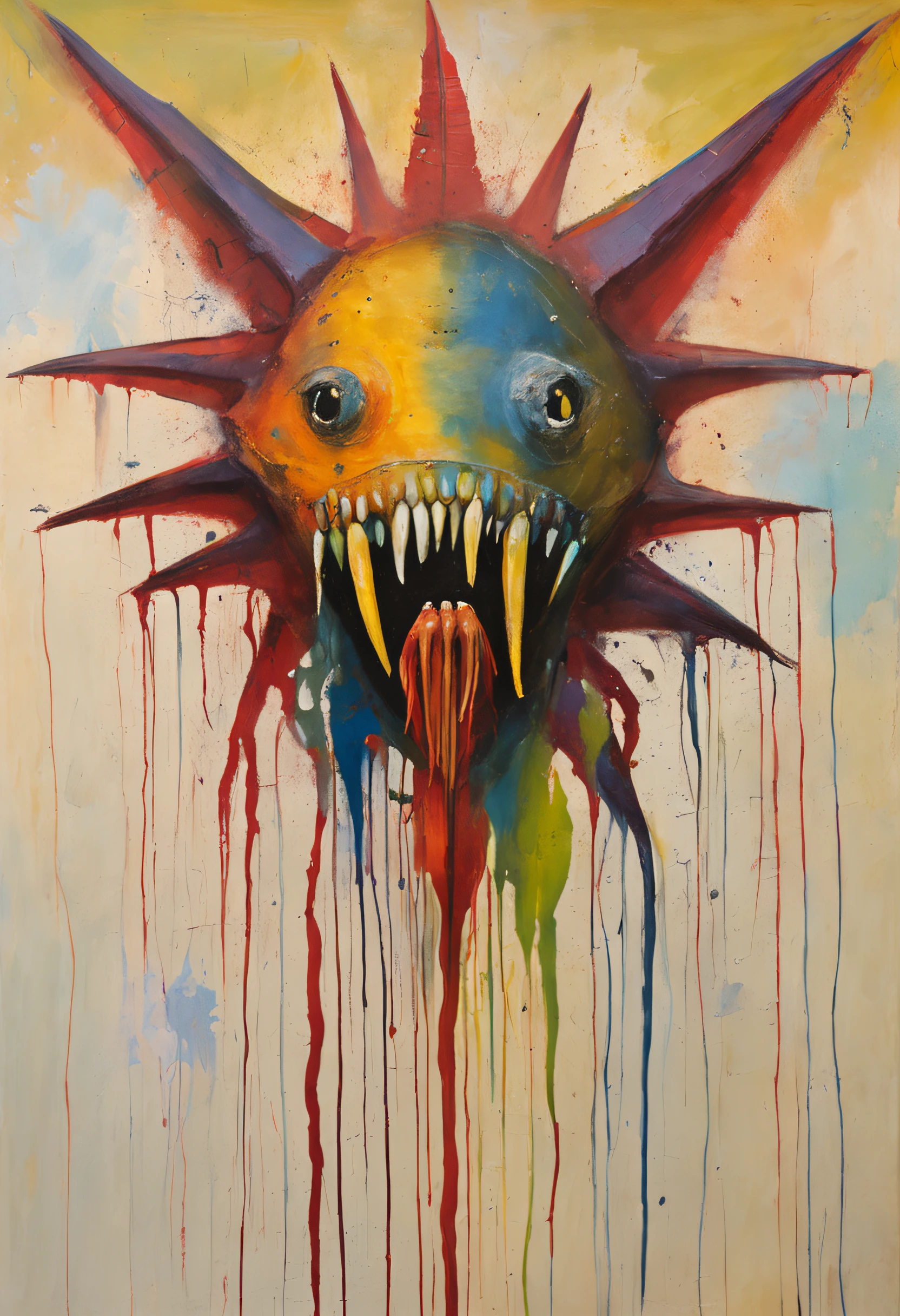 A creature taken from children's nightmares. cuerpo femenino, shark teeth, Multiple extraviscous limbs, halo brillante en su cabeza, ojos rojos. You're in a school classroom with a threatening attitude