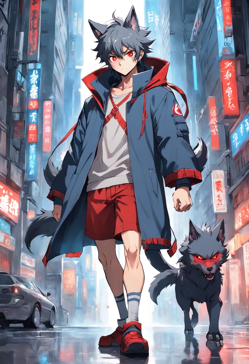 Character focus，独奏, shaggy, Furry male wolf, Grey fur for men, red dragon eye，Little cute， Will sell moe，Wear a gray coat，wear short shorts，No shoes，Anime - Anthropomorphic cyberpunk style werewolf characters。On the left side wears a sharp blue sword，The body of the sword is blue，There is a red katana on the right，Red pupils，Long tail