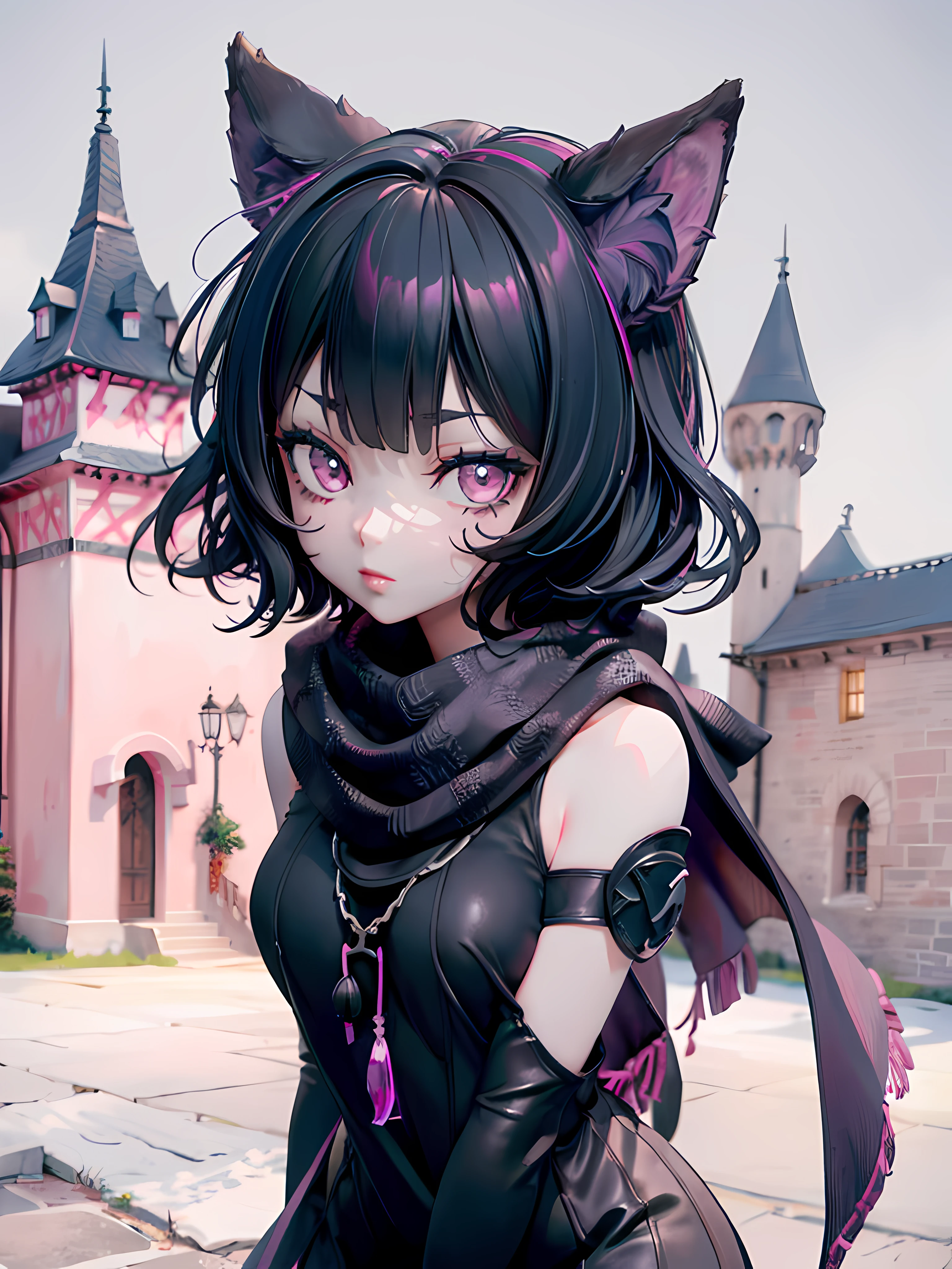 1girl, short black hair, pink eyes, black scarf, wolf ears, maiden outfit, castle in the background, 8k, high resolution, intricate details, ultrasharp, masterpiece, looking at viewer