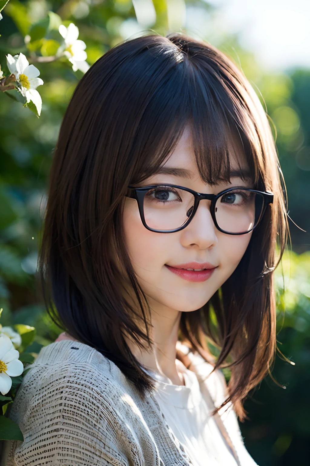 (8K、Raw photography、top-quality、​masterpiece:1.2)、(realisitic、Photorealsitic:1.37)、ultra-detailliert、超A high resolution、1 girl、13years、see the beholder、beautifull detailed face、A smile with a little visible teeth、Constriction、(Slim waist) :1.3)、Blazer、Beautiful detailed skin、Skin Texture、Floating hair、Hair bunched into one、large breasts with good shape、Professional Lighting、Autumn twilight、book library、(((Black square glasses )))、Whole human body、Black hair、((Shameful appearance))、Accept books、White blouse