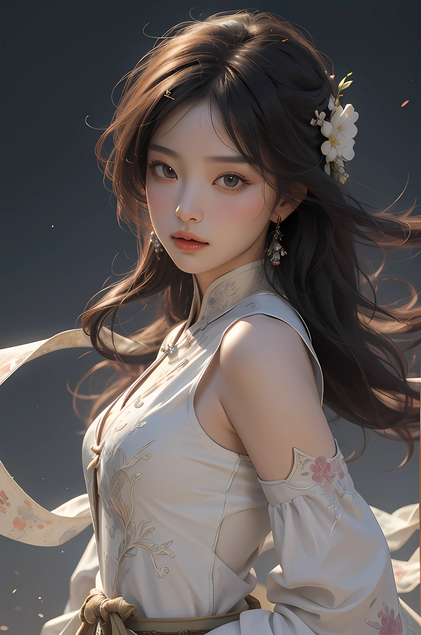 nsfw, zhongfenghua, 1girl, solo, hanfu, ancient_chinese_architecture, flower field, blossom, (white smoke:1.3) (photorealistic:1.4), zentangle, mandala, entangle, official art, unity 8k wallpaper, ultra detailed, beautiful and aesthetic, masterpiece,best quality, (dynamic angle:1.4), glowing skin, (floating colorful sparkles:1) the most beautiful form of chaos, elegant, a brutalist designed, vivid colours, romanticism depth of field exotic_dance, half_naked