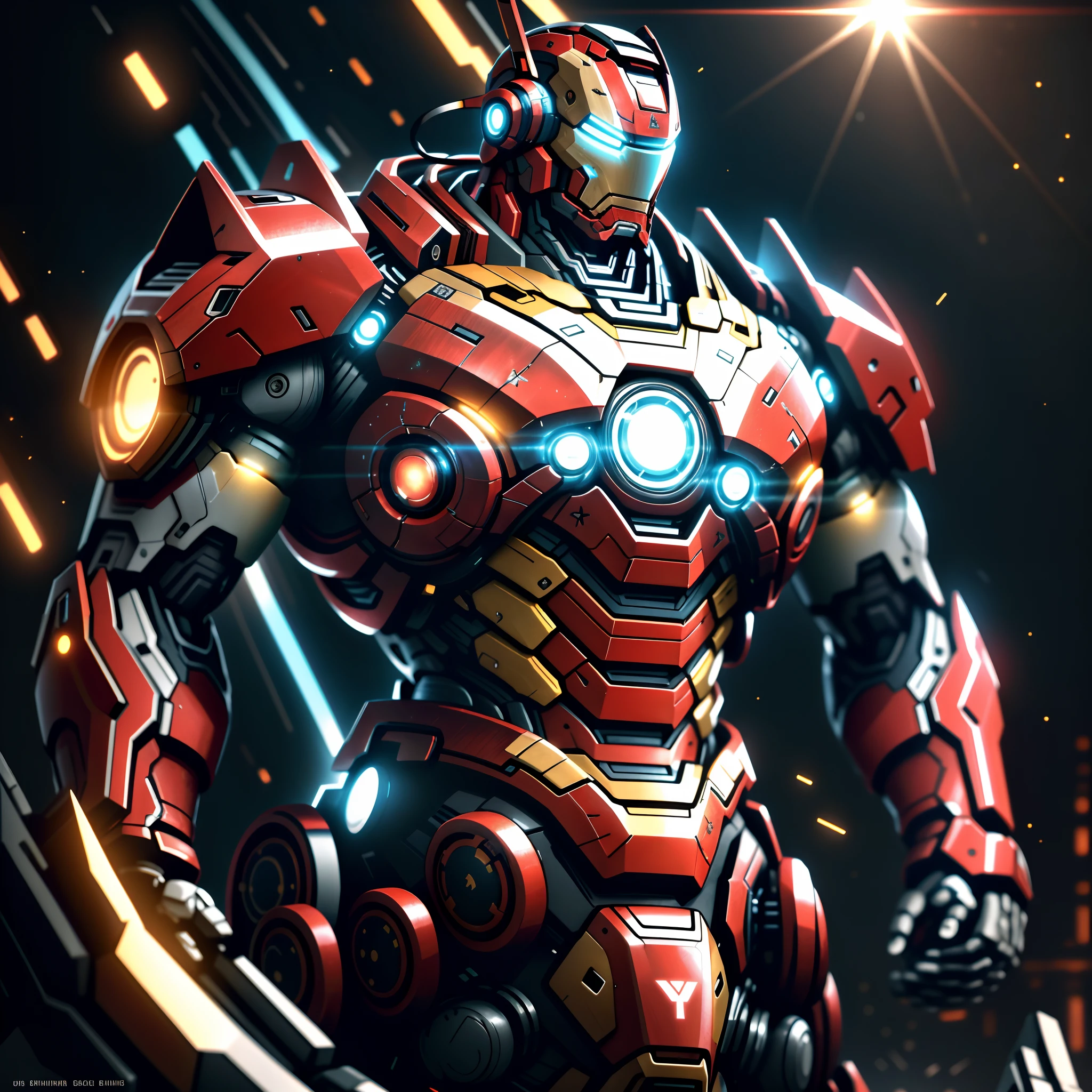 "Realistic, Elegante, and cybernetics, the Ironman with a galactic mask shines brightly in its bioluminescent glow. It combines the futuristic elements of a mecha and the elegance of a samurai (com um peso de 1.2). As runas vermelhas brilhantes adornam seu corpo, Creating a cinematic effect against a dark backlit background. High contrast adds depth and intensity to the composition."