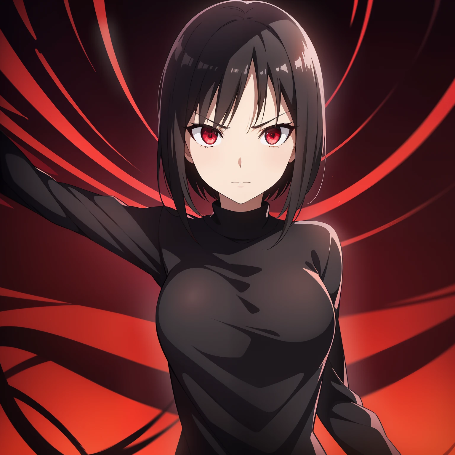 1girl, short black hair, red eyes, wearing black simple clothing, high res, ultrasharp, 8K, masterpiece, looking at viewer, central character. She stands confidently in the center, with a determined expression on her face. The background is fully white, fashionable, woman, vibrant, outfit, posing, front, colorful, dynamic, background, elements, confident, expression, holding, statement, accessory, majestic, coiled, around, touch, scene, attention-grabbing, stylish, catchy, larger, striking, modern, trendy, focus, hands behind her back