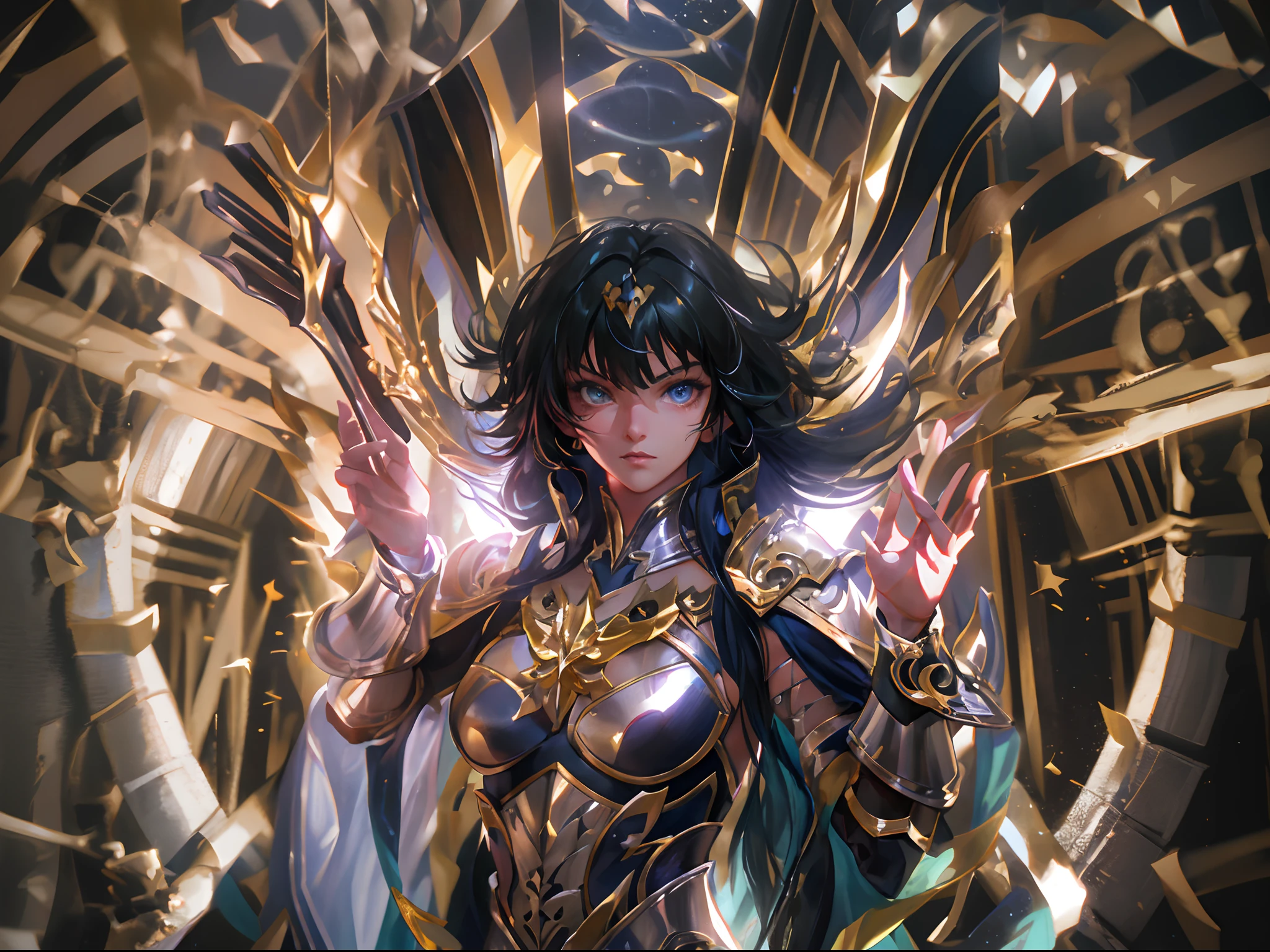 Ultra-high saturation，（tmasterpiece）， fully body photo，（best qualtiy）， （1girll）， starryskybackground，Wearing shiny gold armor， Sexy lingerie type armor，Expose your chest，Expose the waistline，Exposing thighs，cool-pose， Saint Seiya Armor， messy  hair，high detal, Anime style, Cinematic lighting, Sparkle, god light, Ray traching, filmgrain, hyper HD, textureskin, super detailing, Anatomical correct, A high resolution，Ultra-high saturation，hight contrast，High-gloss armor，Smooth skin，Serious expressions,Dark room,