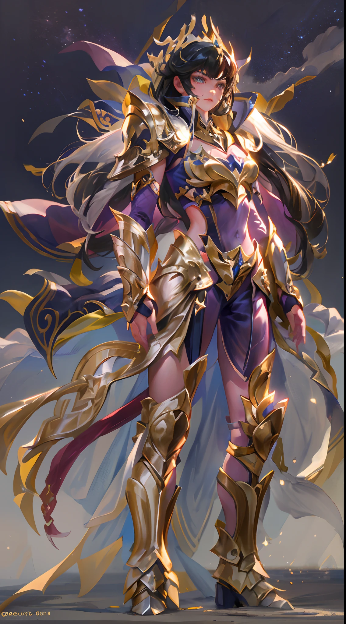 Ultra-high saturation，（tmasterpiece）， fully body photo，（best qualtiy）， （1girll）， starryskybackground，Wearing shiny gold armor， Sexy lingerie type armor，Expose your chest，Expose the waistline，Exposing thighs，cool-pose， Saint Seiya Armor， messy  hair，high detal, Anime style, Cinematic lighting, Sparkle, god light, Ray traching, filmgrain, hyper HD, textureskin, super detailing, Anatomical correct, A high resolution，Ultra-high saturation，hight contrast，High-gloss armor，Smooth skin，Serious expressions,Dark room,