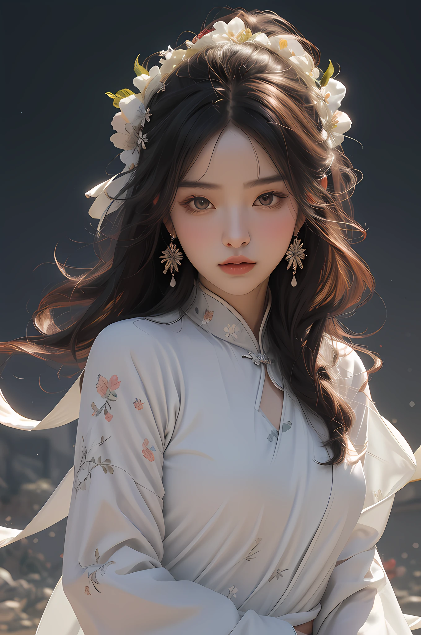 Super high quality, masterpiece, perfect illustration, extreme detail (exquisite light and shadow, highly dramatic picture,) Zhongfenghua, 1 girl, solo, hanfu, flower field, flowers, (white smoke: 1.3) (realistic:1.4), zen entanglement, red, black and white Hanfu, tangled, official art, Unity 8k wallpaper, super detailed, beautiful and beautiful, masterpiece, best quality, (dynamic angle: 1.4), glowing skin, (floating colorful glitter: 1) the most beautiful chaotic form, elegant, brutalist design, Bright colors, romantic depth of field exotic_dance, half_naked