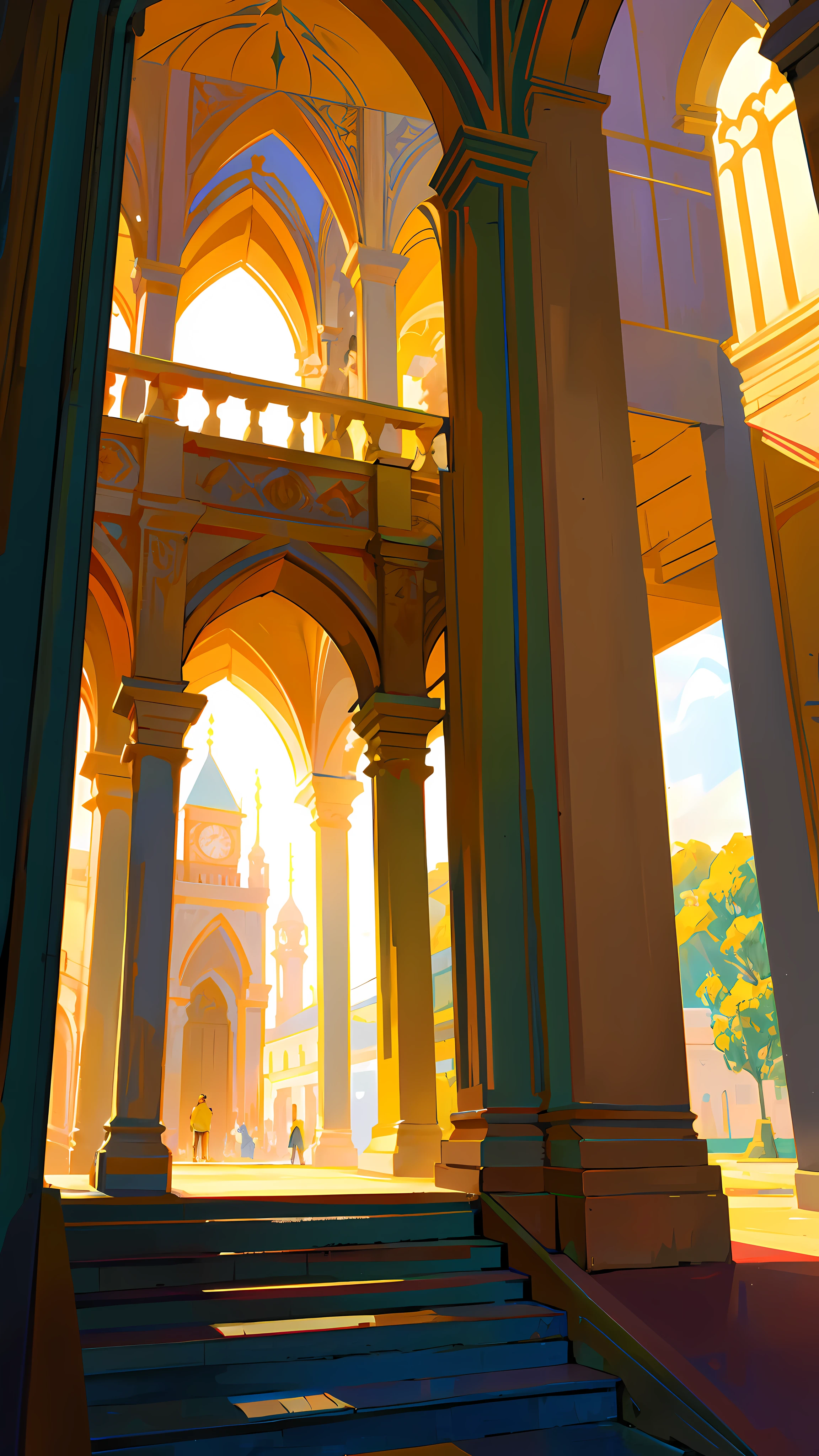 there is a picture of a building with a clock tower in the background, palace background, inspired by sylvain sarrailh, arte de fundo, ross tran. scenery background, Stylized concept art, ornate border + concept-art, inspired by Krenz Cushart, concept art stunning atmosphere, golden hour sunlight, james gilleard artwork, low details. Digital painting
