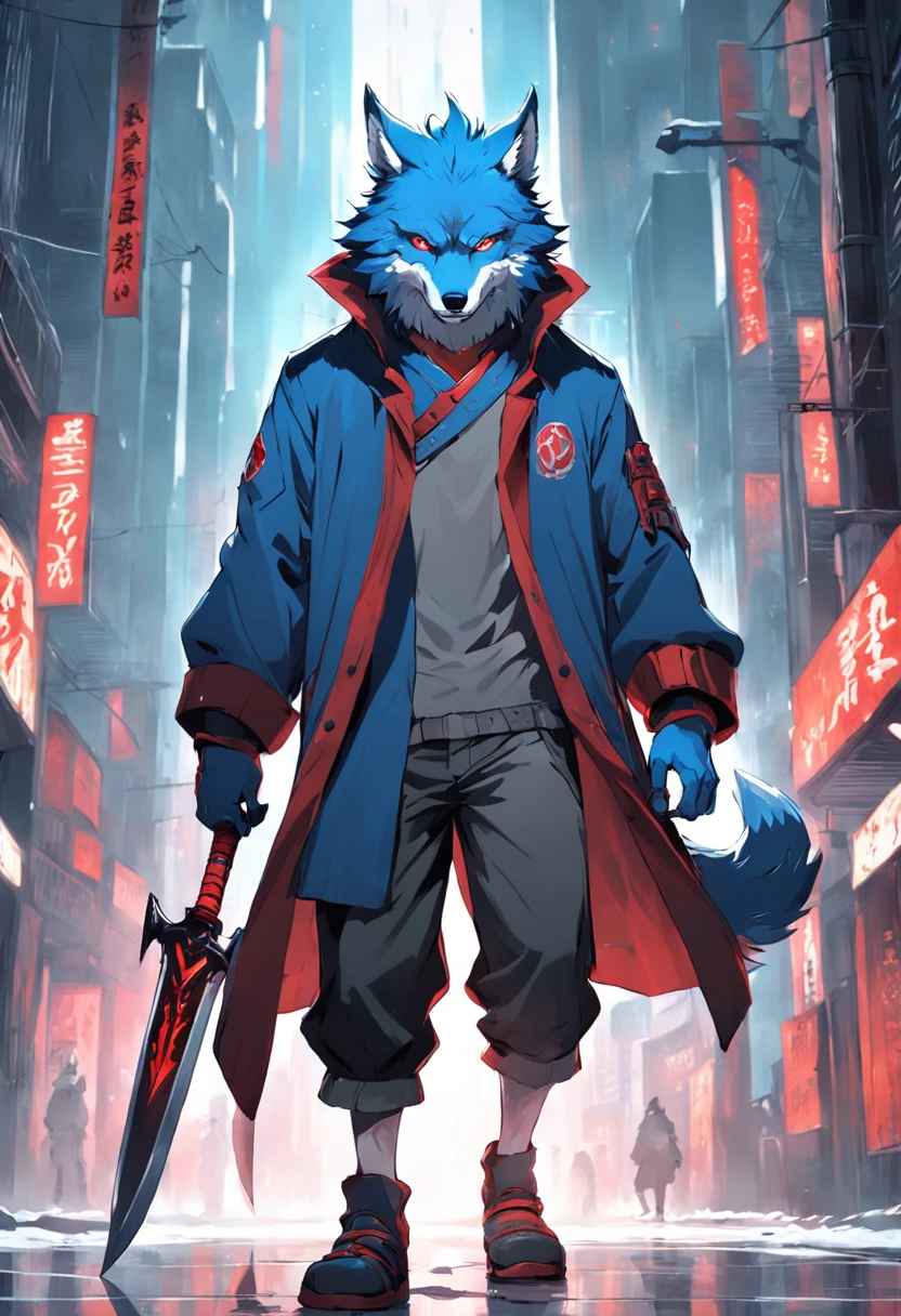 shaggy, Furry male wolf, Grey fur for men, red dragon eye,high and cold,,Handsome,Wear a gray coat,wear short shorts,No shoes,Anthropomorphic cyberpunk style werewolf character。On the left side wears a sharp blue sword,The body of the sword is blue,There is a red katana on the right,Red pupils,Long tail
