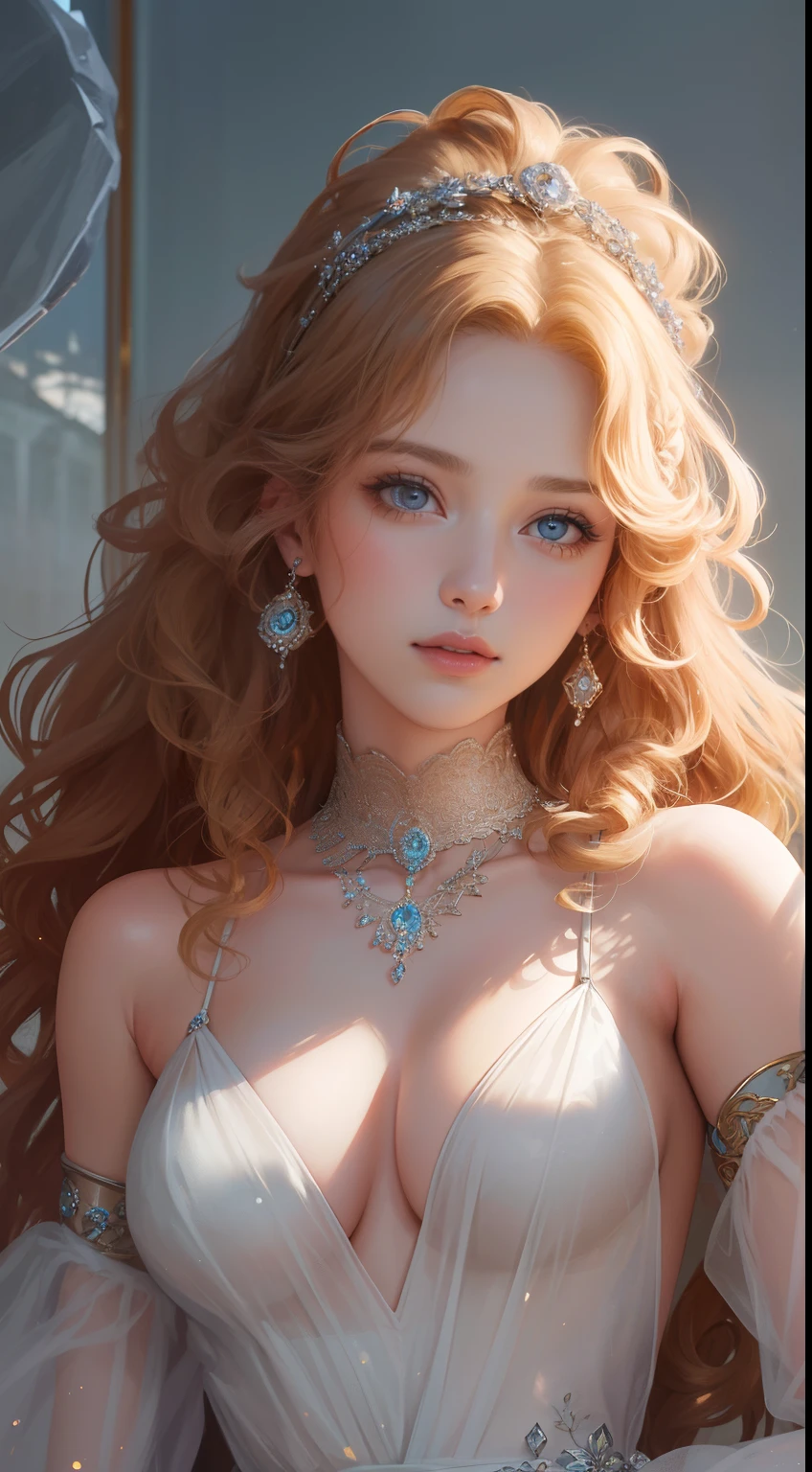 (Ultra-high quality masterpiece,Beautiful bust of an 18-year-old noble girl,Classical coiled hair,Large curly hair at the end,The eyes are shiny and clear,Floral craftsmanship,Crystal jewelry,Ultra-fine details,Soft lighting)