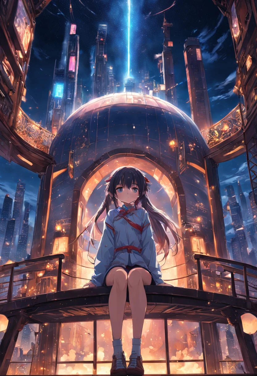 1 Outdoor girls, late, starrysky, in a panoramic view, scenecy, horizon, the roof, sitting on rooftop, ventania,(wide angles,Ultra HD details,Masterpiece, hyper HD, Super detail, High details, Best quality, A high resolution, Award-Awarded, 8K),(电影灯光)