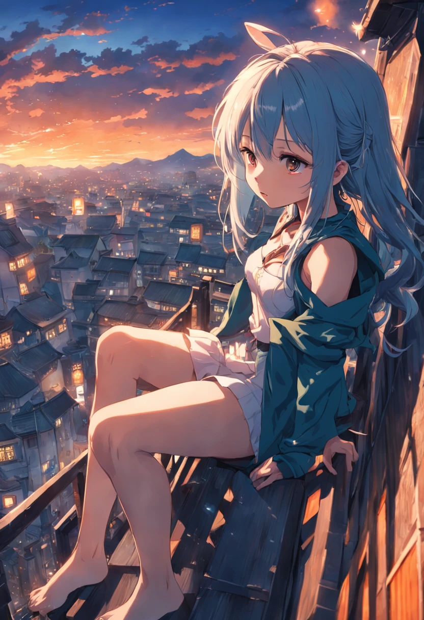 1 Outdoor girls, late, starrysky, in a panoramic view, scenecy, horizon, the roof, sitting on rooftop, ventania,(wide angles,Ultra HD details,Masterpiece, hyper HD, Super detail, High details, Best quality, A high resolution, Award-Awarded, 8K),(电影灯光)