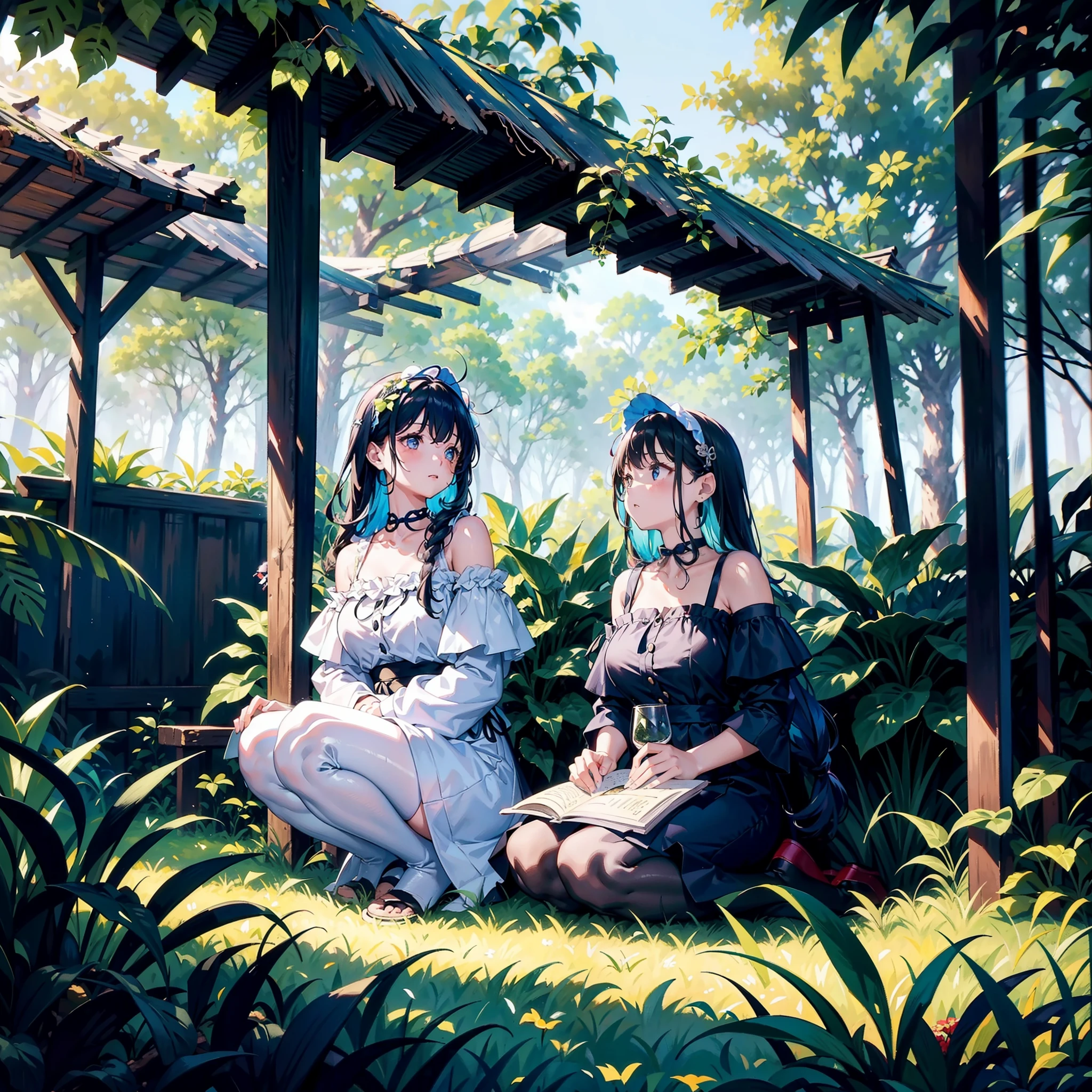 Two girls resting in a hut in the forest、Colorful paints、、Overgrown trees々、Black and white off-the-shoulder dress、（Messy sunlight）、（Best Highlights）、（Best Shadows）、（Supreme details）、（Highest image quality 8K）、（Masterpiece）