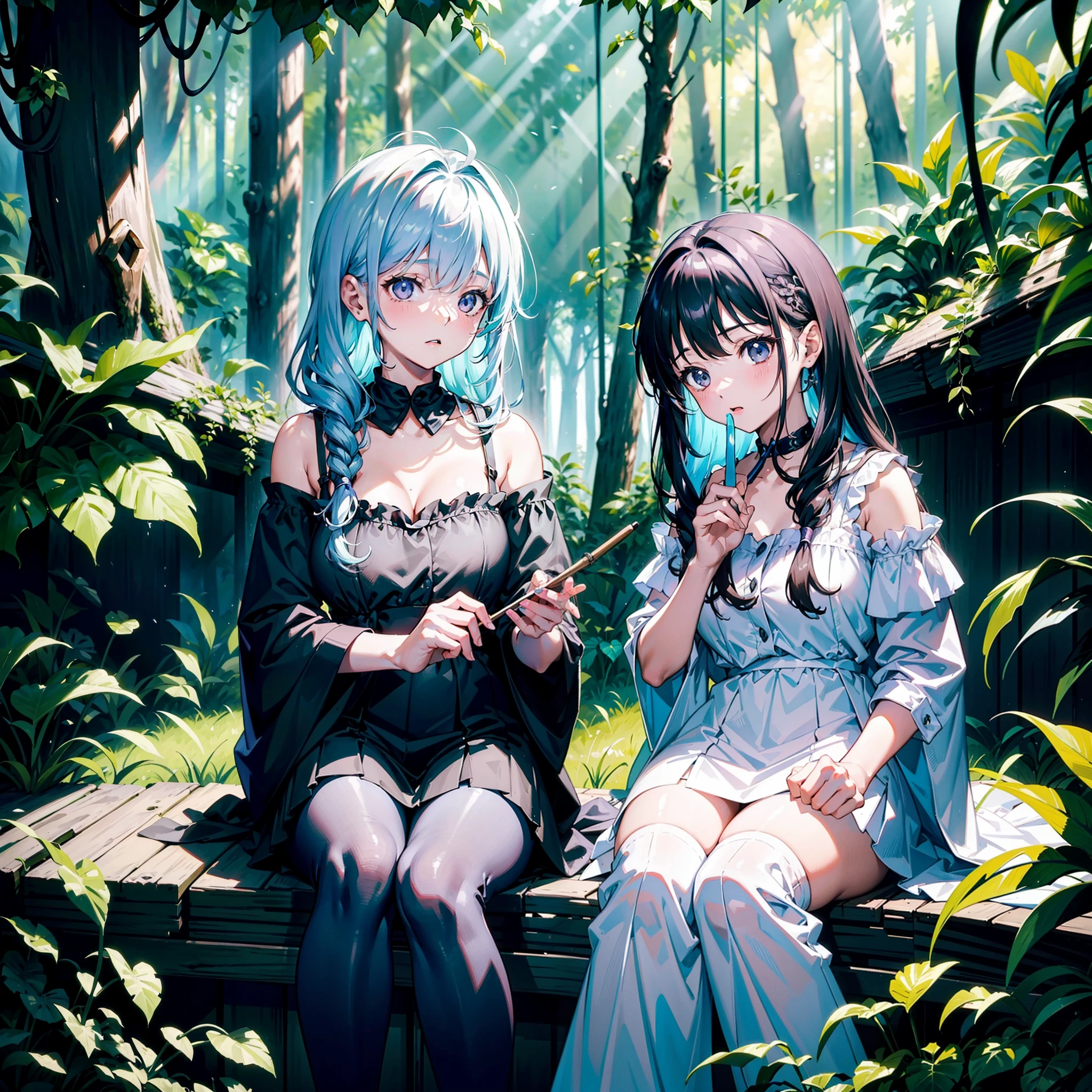 Two girls resting in a hut in the forest、Colorful paints、、Overgrown trees々、Black and white off-the-shoulder dress、（Messy sunlight）、（Best Highlights）、（Best Shadows）、（Supreme details）、（Highest image quality 8K）、（Masterpiece）