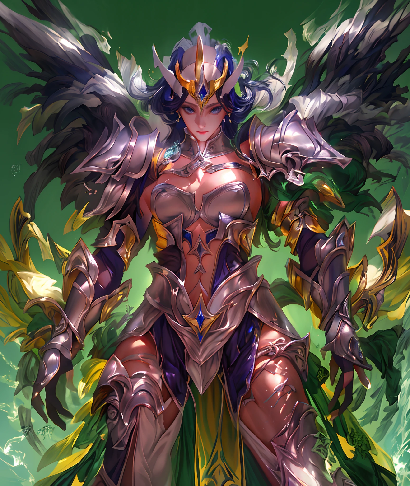 Ultra-high saturation,(tmasterpiece), fully body photo,(best qualtiy), (1girll), starryskybackground,Wearing shiny gold armor, Sexy lingerie type armor,Expose your chest,Expose the waistline,Exposing thighs,cool-pose, Saint Seiya Armor, messy hair,high detal, Anime style, Cinematic lighting, Sparkle, god light, Ray traching, filmgrain, hyper HD, textureskin, super detailing, Anatomical correct, A high resolution,Ultra-high saturation,hight contrast,High-gloss armor,Smooth skin,Serious expressions,Dark room,