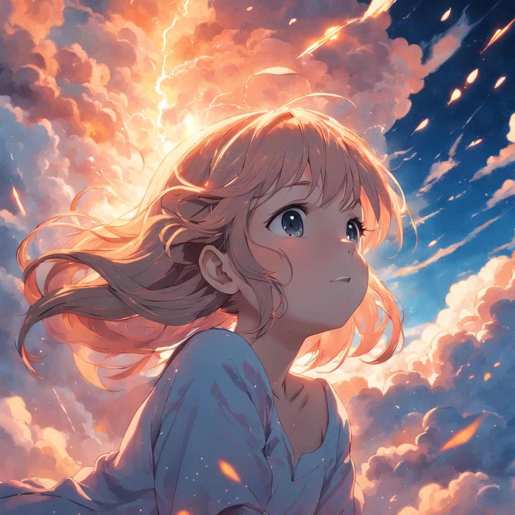 masterpiece, best quality, movie still, 1girl, cloud girl, floating in the sky, close-up, bright, happy, warm soft lighting, sunset, (sparks:0.7)