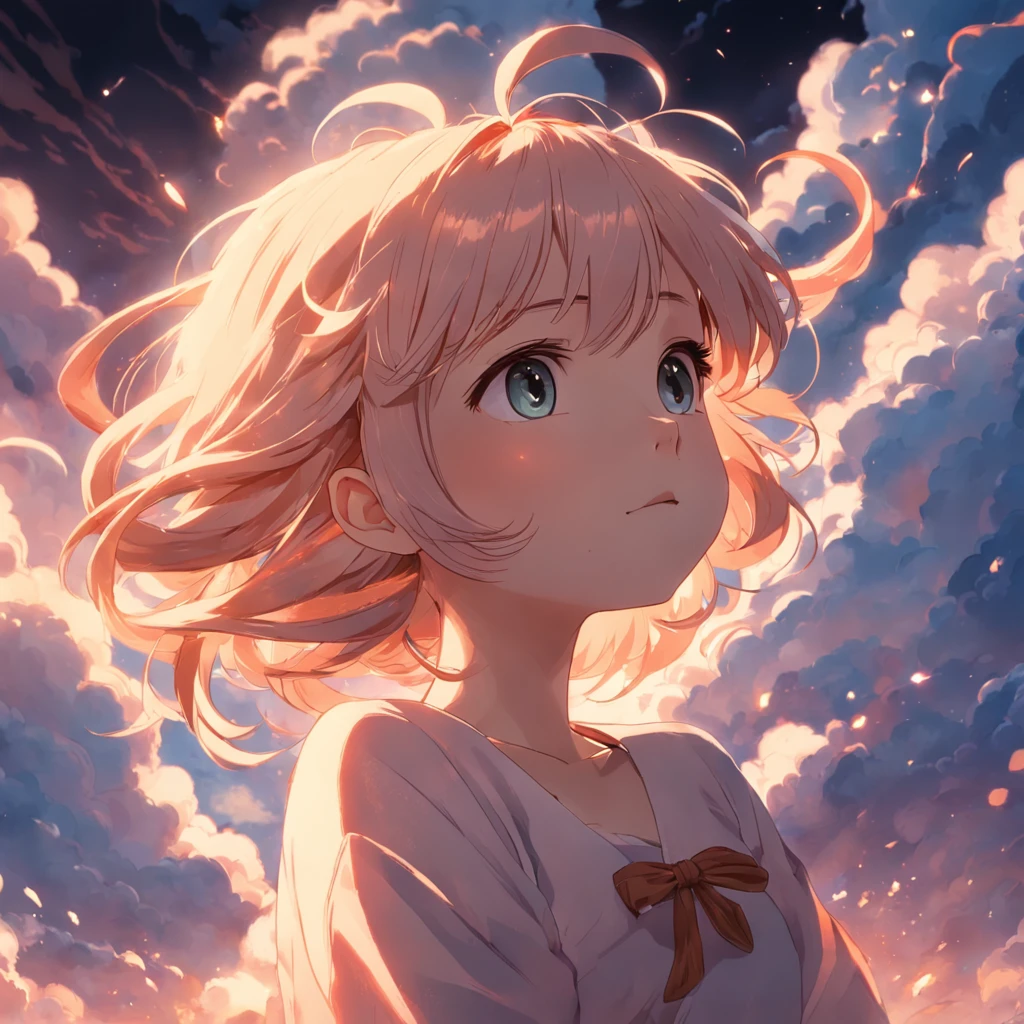 masterpiece, best quality, movie still, 1girl, cloud girl, floating in the sky, close-up, bright, happy, warm soft lighting, sunset, (sparks:0.7)