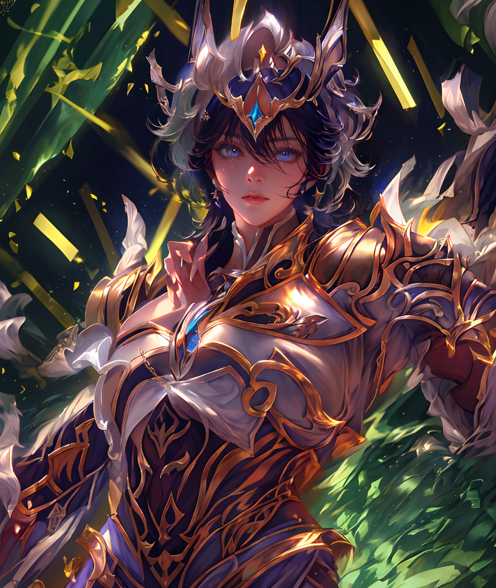 Ultra-high saturation，（tmasterpiece）， fully body photo，（best qualtiy）， （1girll）， starryskybackground，Wearing shiny gold armor， Sexy lingerie type armor，Expose your chest，Expose the waistline，Exposing thighs，cool-pose， Saint Seiya Armor， messy  hair，high detal, Anime style, Cinematic lighting, Sparkle, god light, Ray traching, filmgrain, hyper HD, textureskin, super detailing, Anatomical correct, A high resolution，Ultra-high saturation，hight contrast，High-gloss armor，Smooth skin，Serious expressions,Dark room,