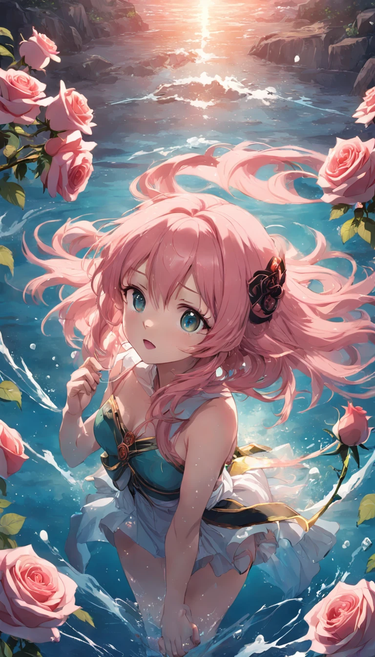 1girl,masterpiece,best quality,water wave,pink long hair,