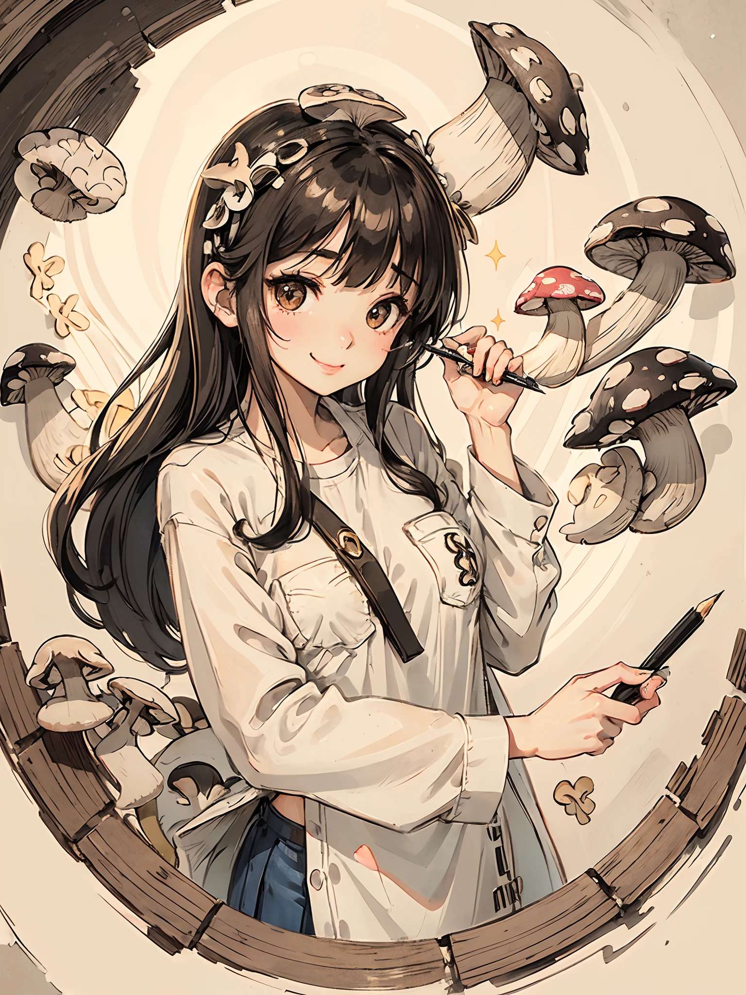 extremely cute girl, (thin-eyebrow:1.1), big mouth, small nose, sexy lip, sparkle skin, smile, flower accessories, flower hair, long hair, break, white shirt with small flower, (Take a pen out of breast pocket:1.3)
break, (fisheye-lens:1.3), from above , break
white wall, stone-road, many plant, (mushroom on head:1.3),