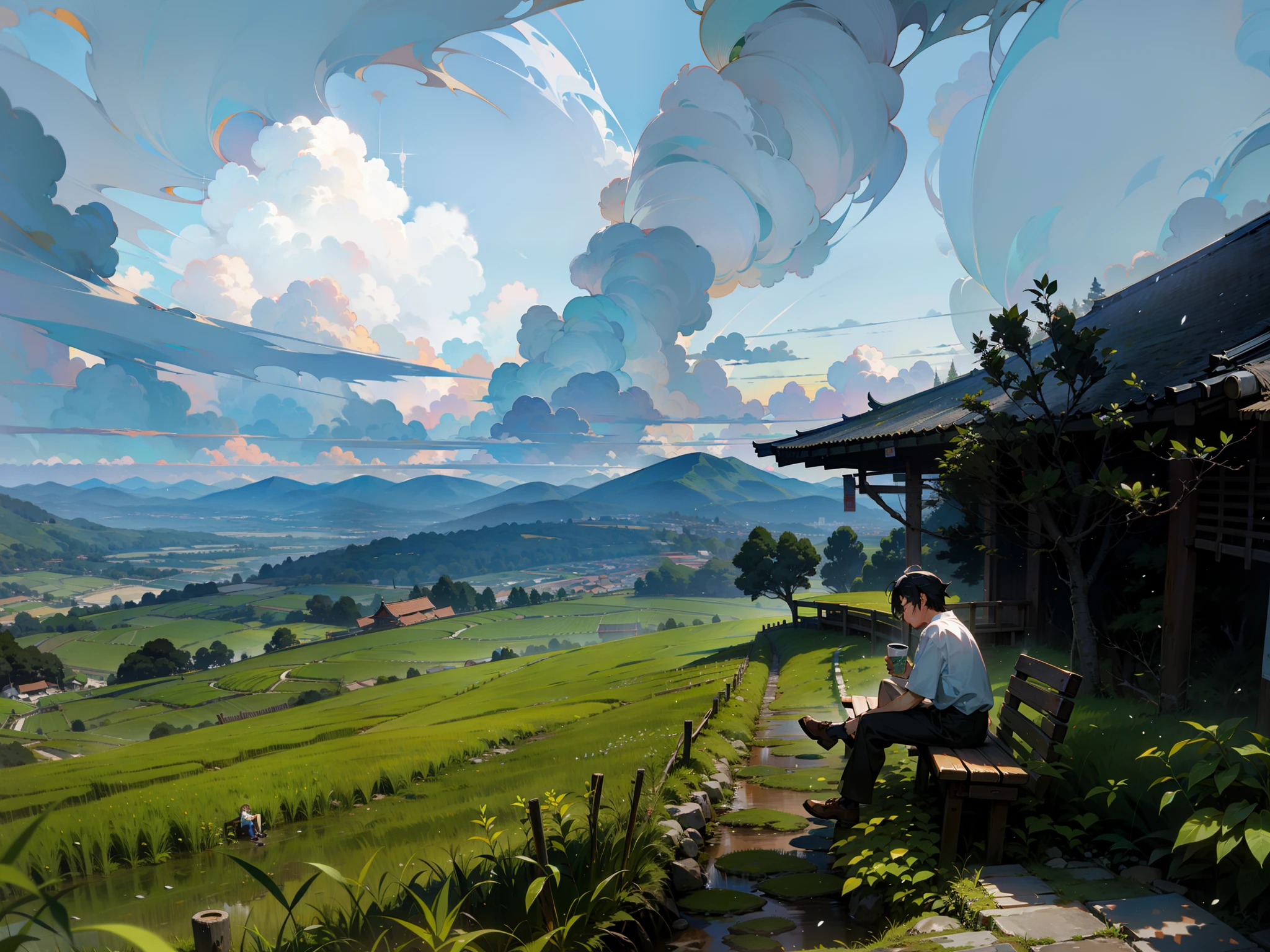 Anime style, cute, ultra hd, the man sit on the bench and drink coffee while view the mountain rice tree and cloud