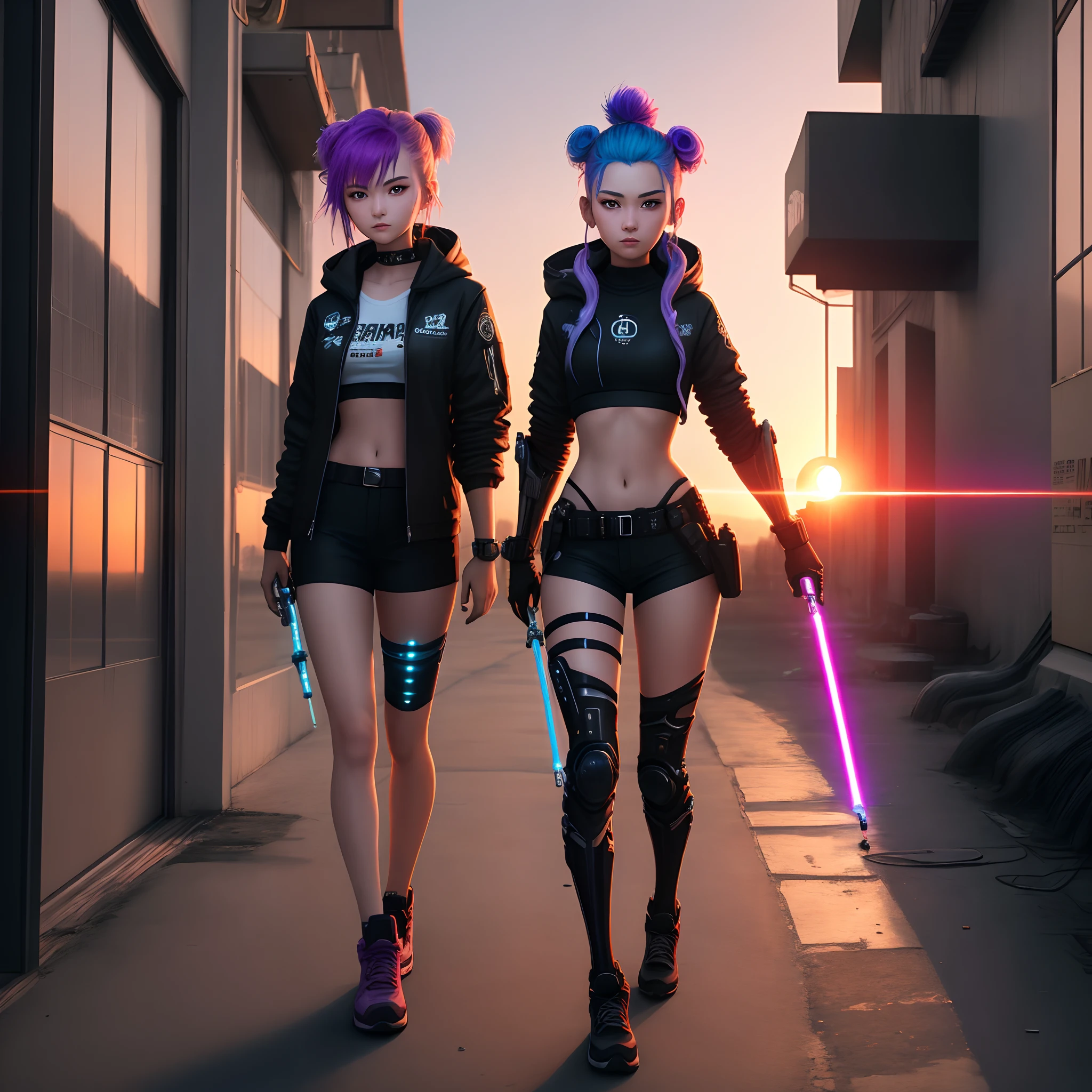 Masterpiece, best quality, 2 girls, young warriors, rainbow hair, full body, cyberpunk, holding lasersaber, sunset view, LED lights