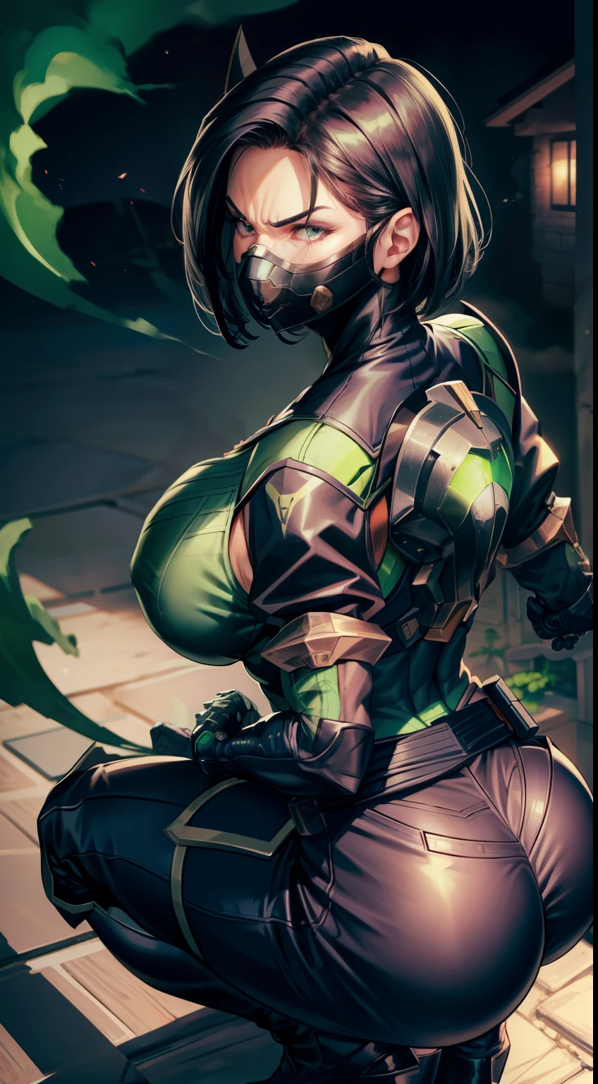 Masterpiece, Best quality,Watching from behind,Back view,《Fearless viper》, 比基尼, mitts, belt, thigh boots, respirator, view the viewer, face, Portrait, Close-up, Glowing eyes, green smoke,gigantic ass, Black background,huge tit,Raised chest,Bare-bodied,Buttocks close up,angry look,Devil figure,Docking screen,Muscle woman,Abs,Spread your legs and squat,Look at a woman's ass from below