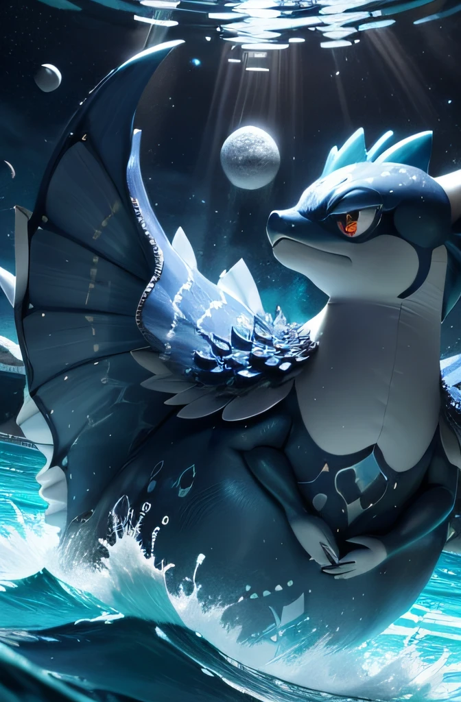 Por favor, illustrate a water Pokémon called 'Aqualoon'. This Pokémon lives in the depths of the oceans and has a unique connection to the phases of the moon. Your colors should reflect the soft tones of the ocean at night, com destaque para azuis profundos e prateados. Their physical characteristics should incorporate lunar elements, like patterns reminiscent of moon phases and subtle glow on your skin.