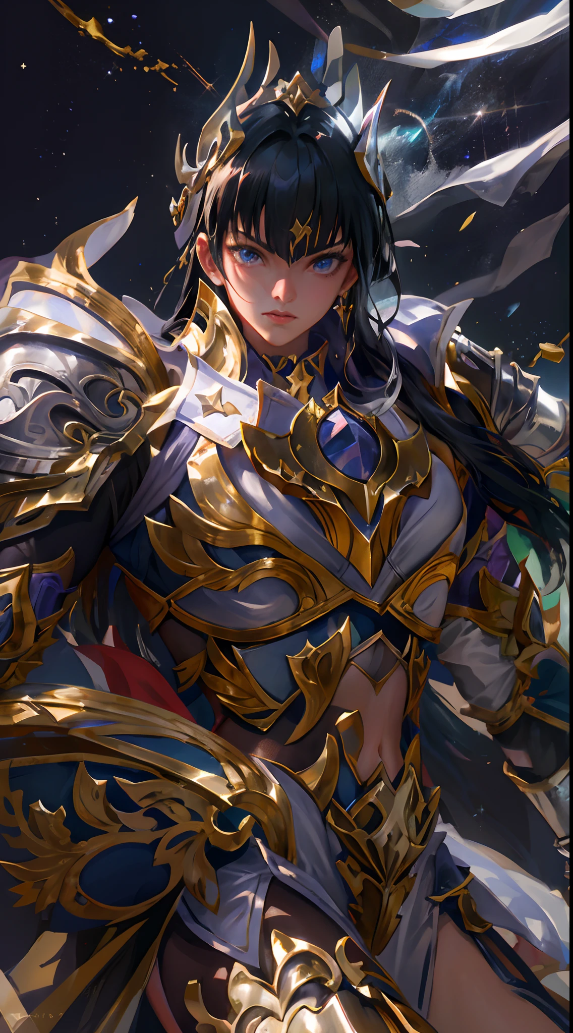 Ultra-high saturation，（tmasterpiece）， fully body photo，（best qualtiy）， （1girll）， starryskybackground，Wearing shiny gold armor， Sexy lingerie type armor，Expose your chest，Expose the waistline，Exposing thighs，cool-pose， Saint Seiya Armor， messy  hair，high detal, Anime style, Cinematic lighting, Sparkle, god light, Ray traching, filmgrain, hyper HD, textureskin, super detailing, Anatomical correct, A high resolution，Ultra-high saturation，hight contrast，High-gloss armor，Smooth skin，Serious expressions,Dark room,