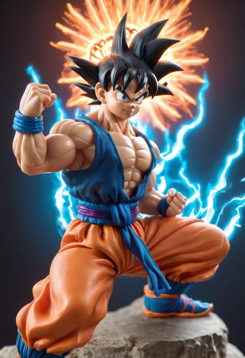 "A detailed drawing of Son Goku intensely training his biceps in a bodybuilding gym, com um cabelo prateado brilhante e pele prateada polida, surrounded by a fiery blue energetic ray, Aura Ace."